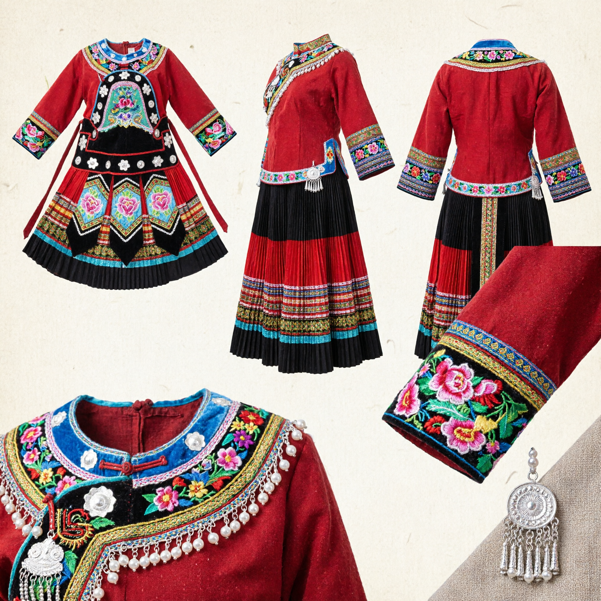 Traditional Chinese Miao Ethnic Costume Red Embroidered Top Black Skirt Silver Jewelry Set for Women Folk Dance