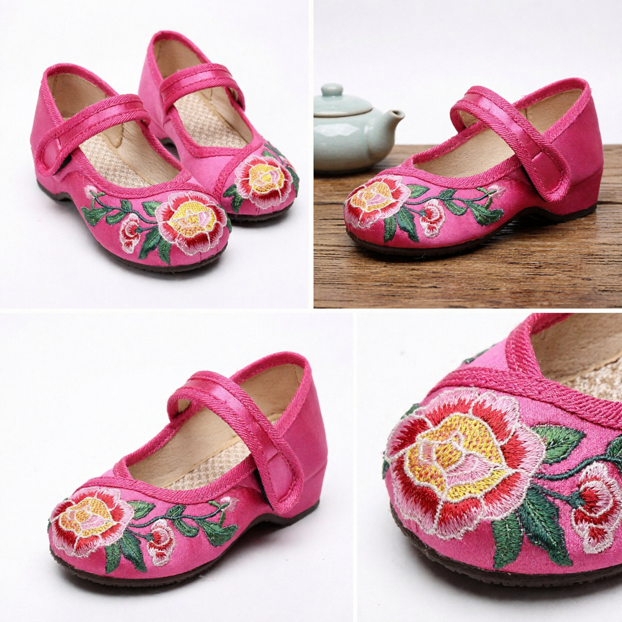 Traditional Chinese Embroidered Shoes Pink Peony Hanfu Wedge Heels for Women Ancient Style Dance Footwear