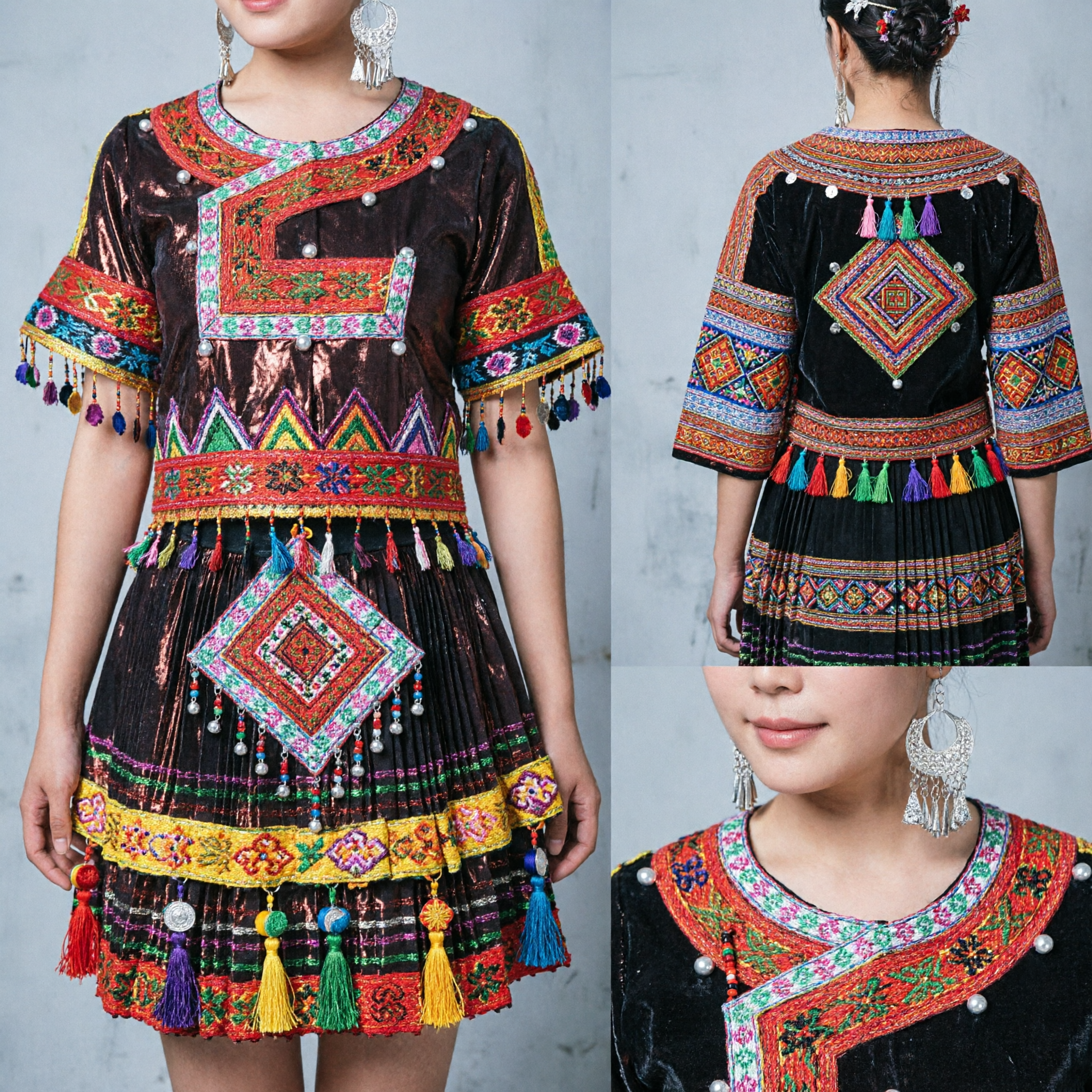Traditional Chinese Miao Ethnic Minority Costume Women Stage Dance Dress with Intricate Embroidery and Pleated Skirt