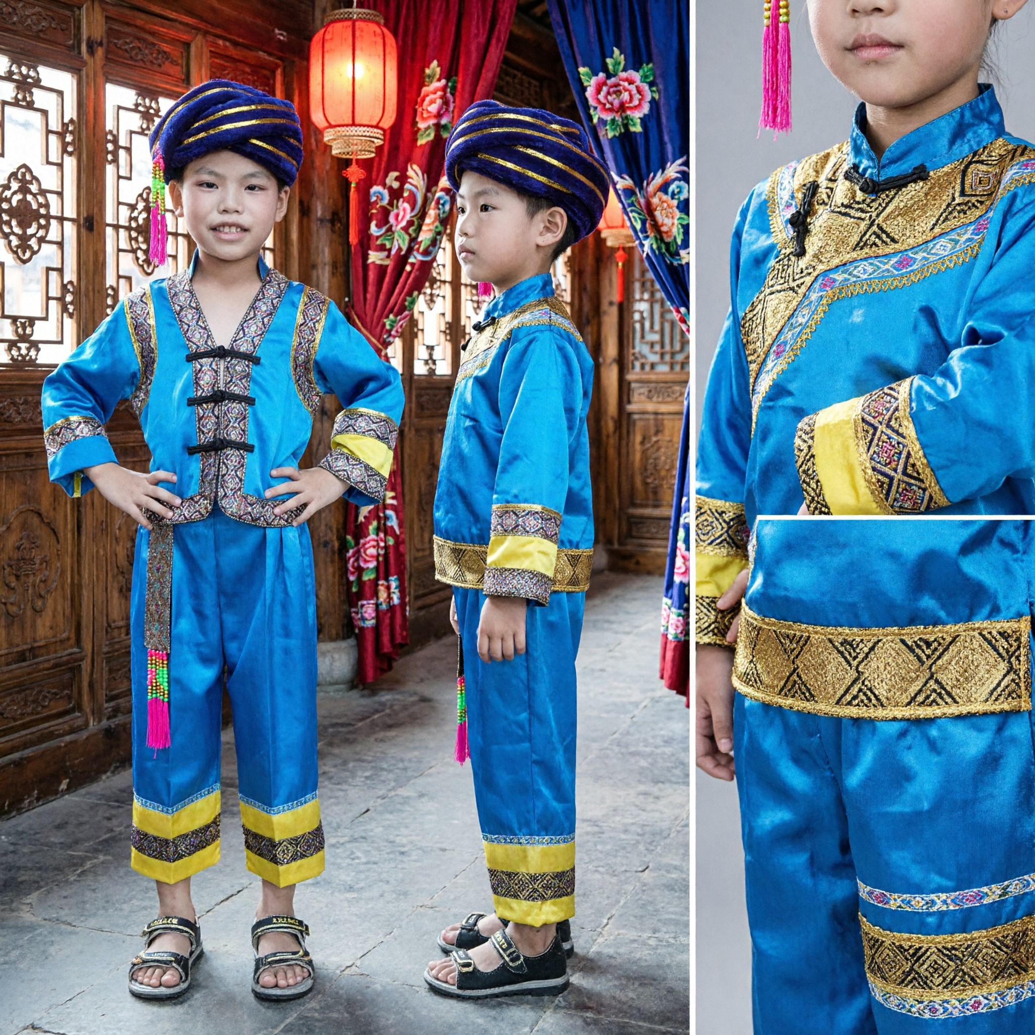 Traditional Chinese Ethnic Minority Costume for Boys Blue Folk Dance Performance Outfit with Turban