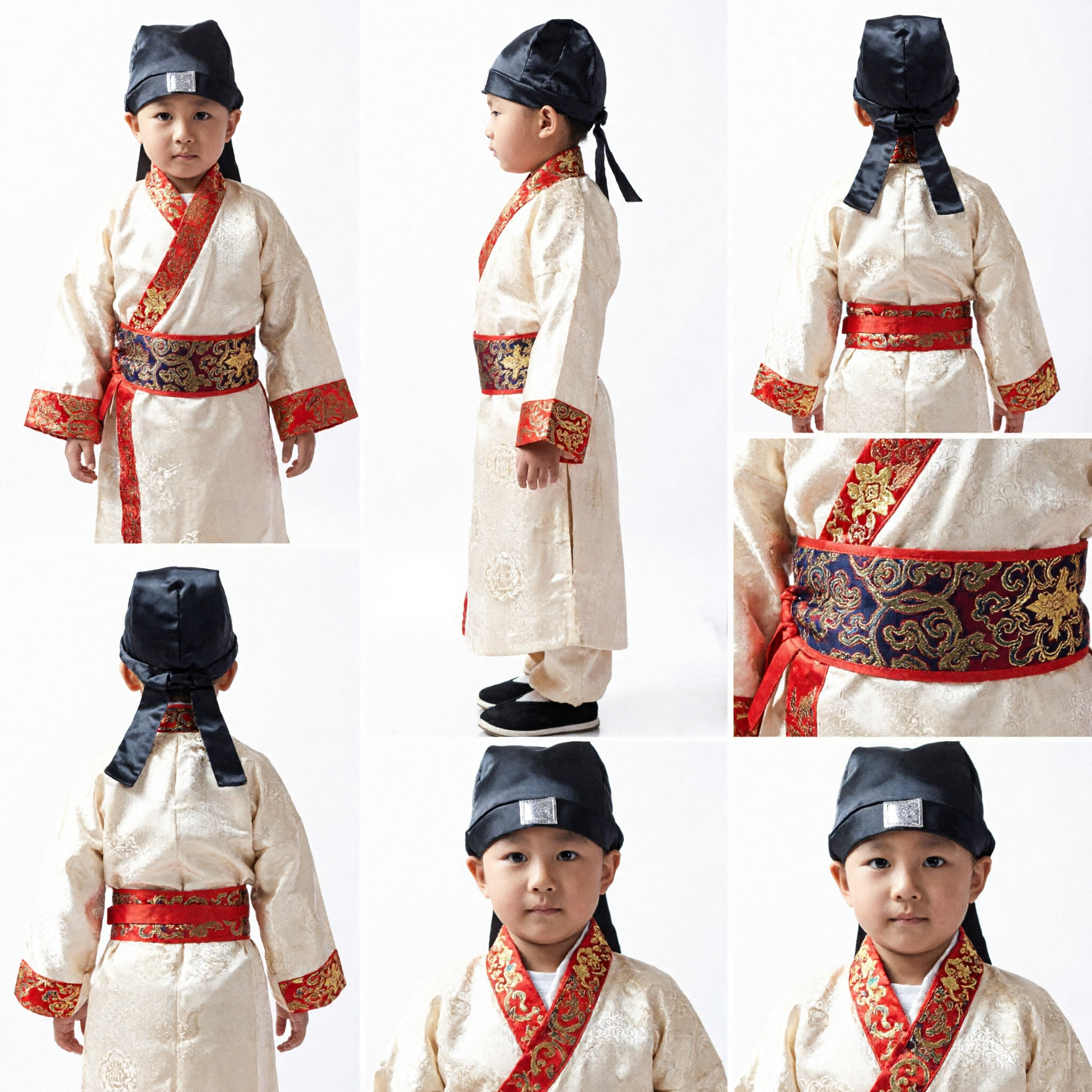 Kids Ancient Chinese Scholar Costume Traditional Hanfu White Robe with Hat and Book for Cultural Performance