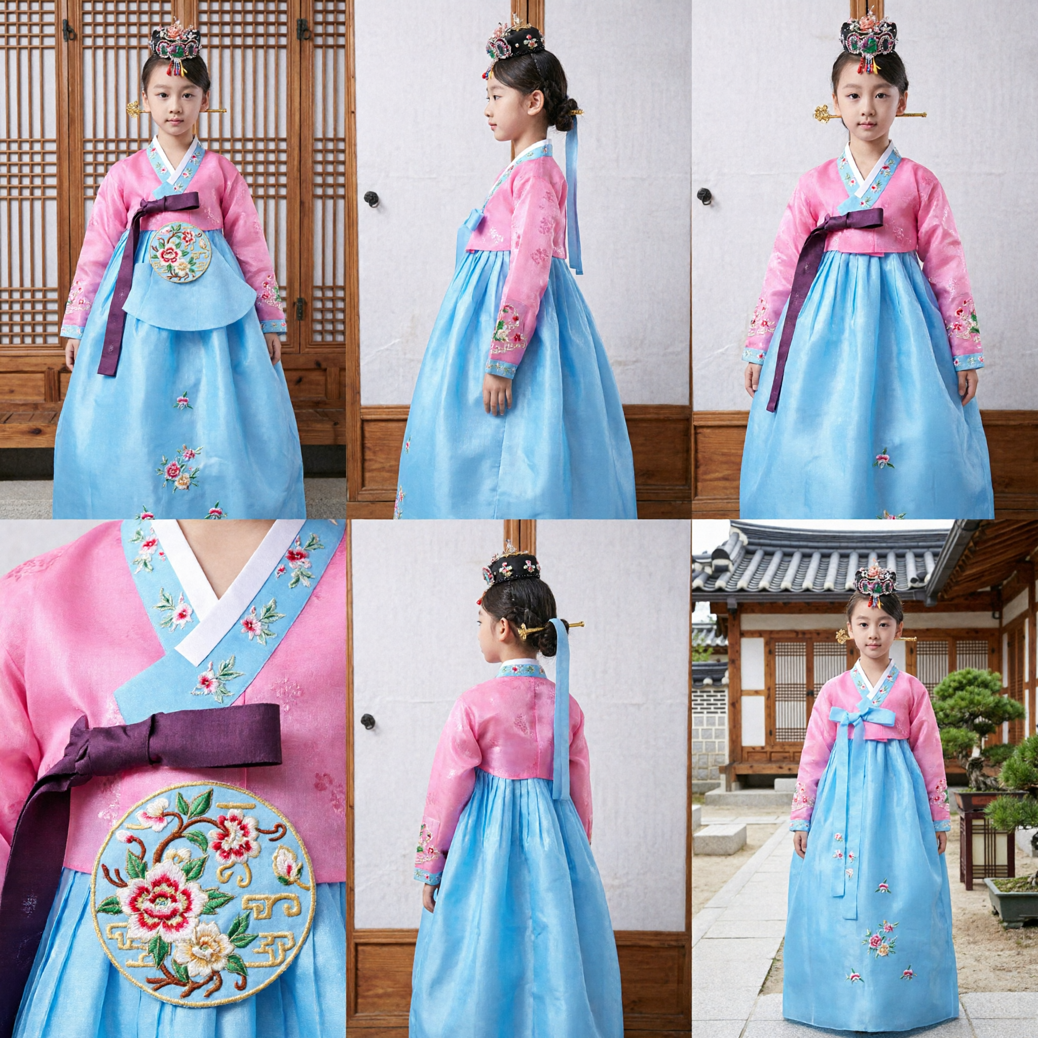 Traditional Korean Hanbok for Girls Pink and Blue Embroidered Dress Kids Cultural Festival Party Costume