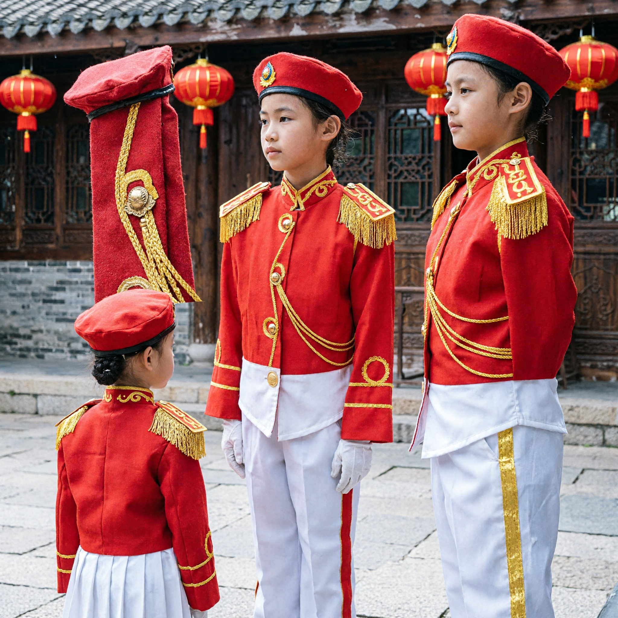 Kids Red Military Marching Band Uniform Set Chinese Honor Guard Costume for School Parades and Performances
