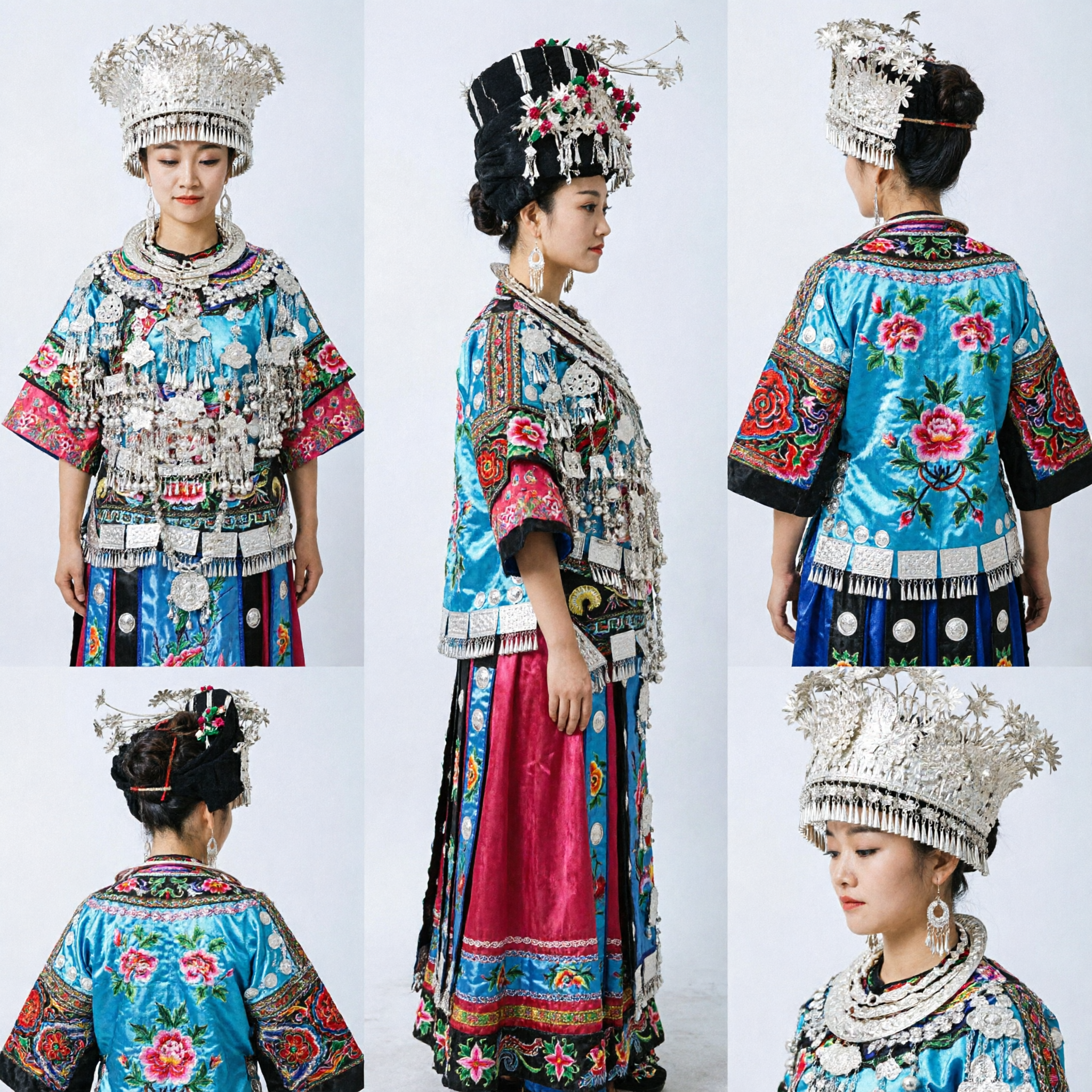 Traditional Chinese Miao Minority Costume Women's Ethnic Embroidery Dress Silver Jewelry Set for Wedding Performance
