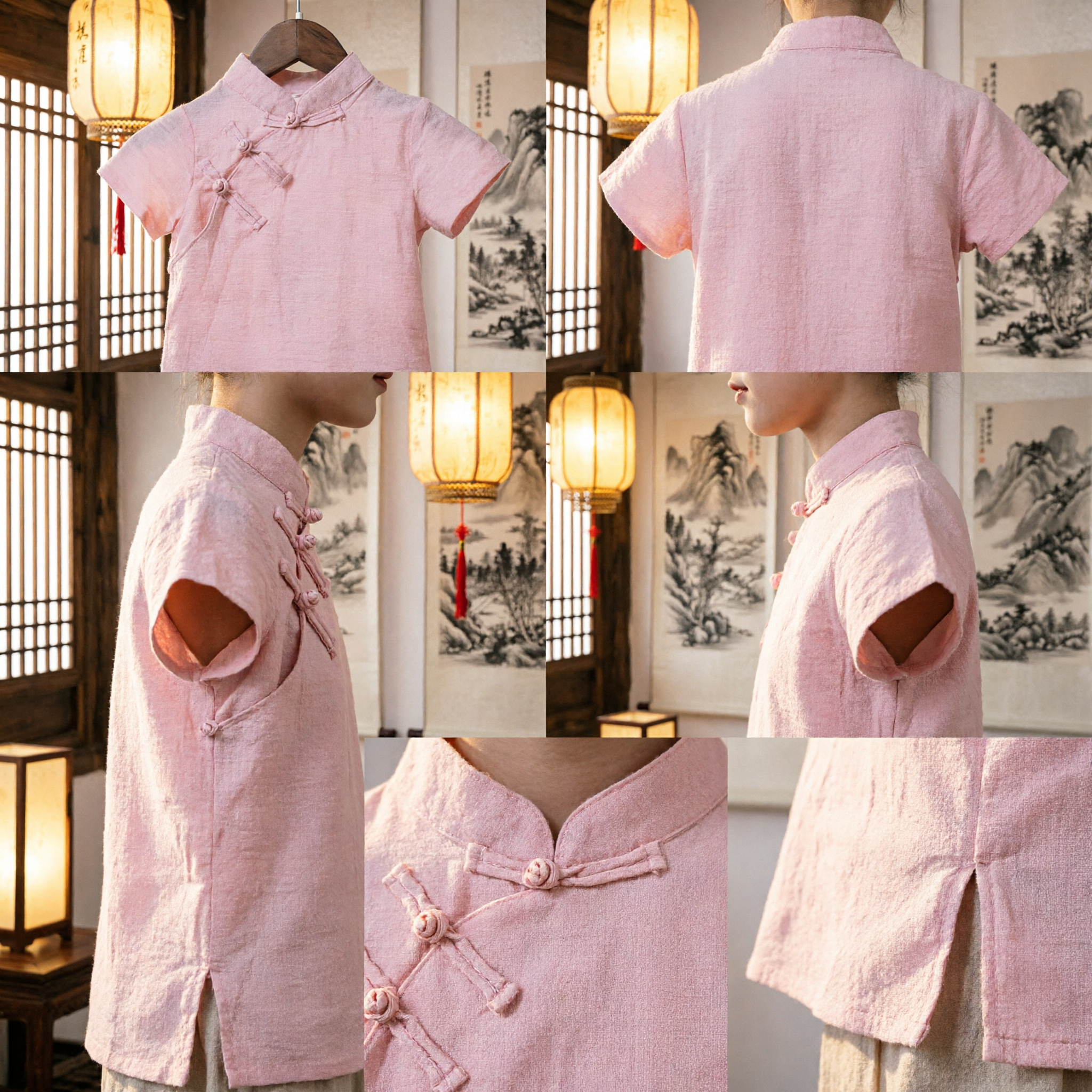 Girls Pink Traditional Chinese Tang Suit Top Linen Short Sleeve Blouse Summer Casual Wear