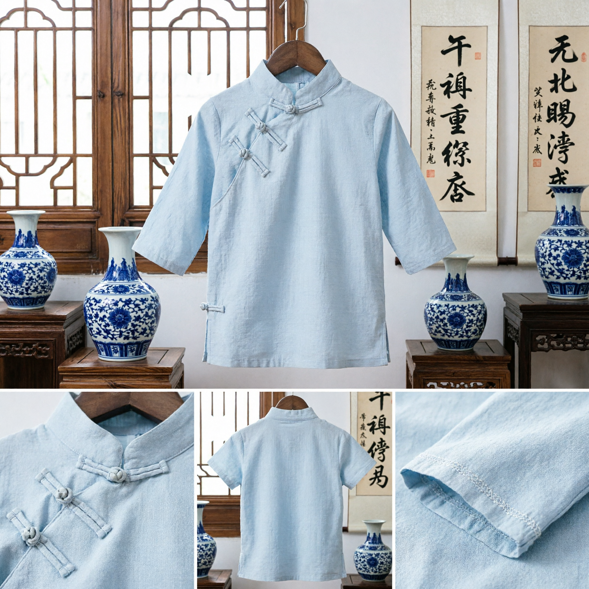 Kids Traditional Chinese Tang Suit Top Short Sleeve Cotton Linen Mandarin Collar Shirt for Boys Girls