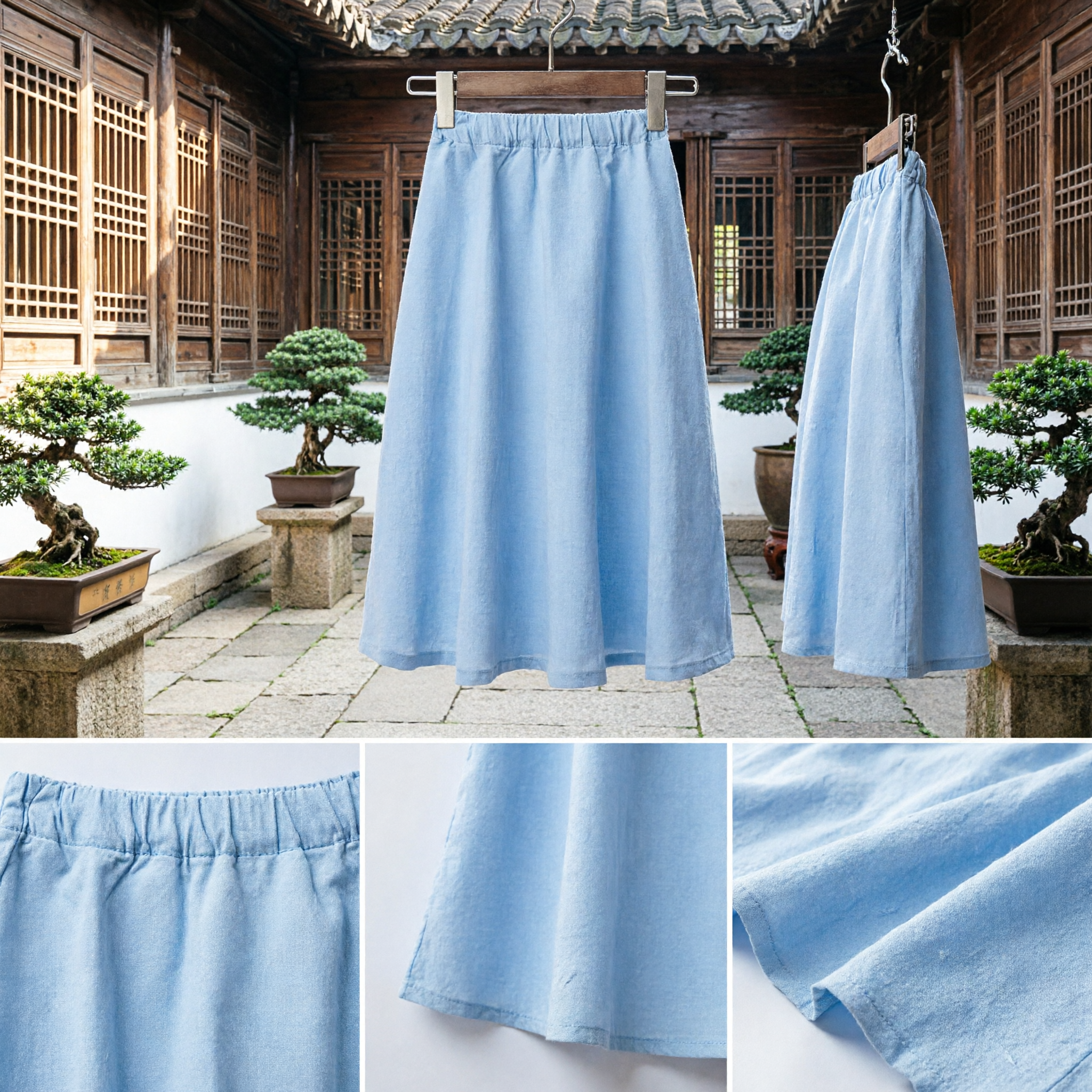 Women's Traditional Chinese Hanfu Light Blue Skirt Elastic Waist Cotton A-Line Ancient Style Bottom for Daily Wear