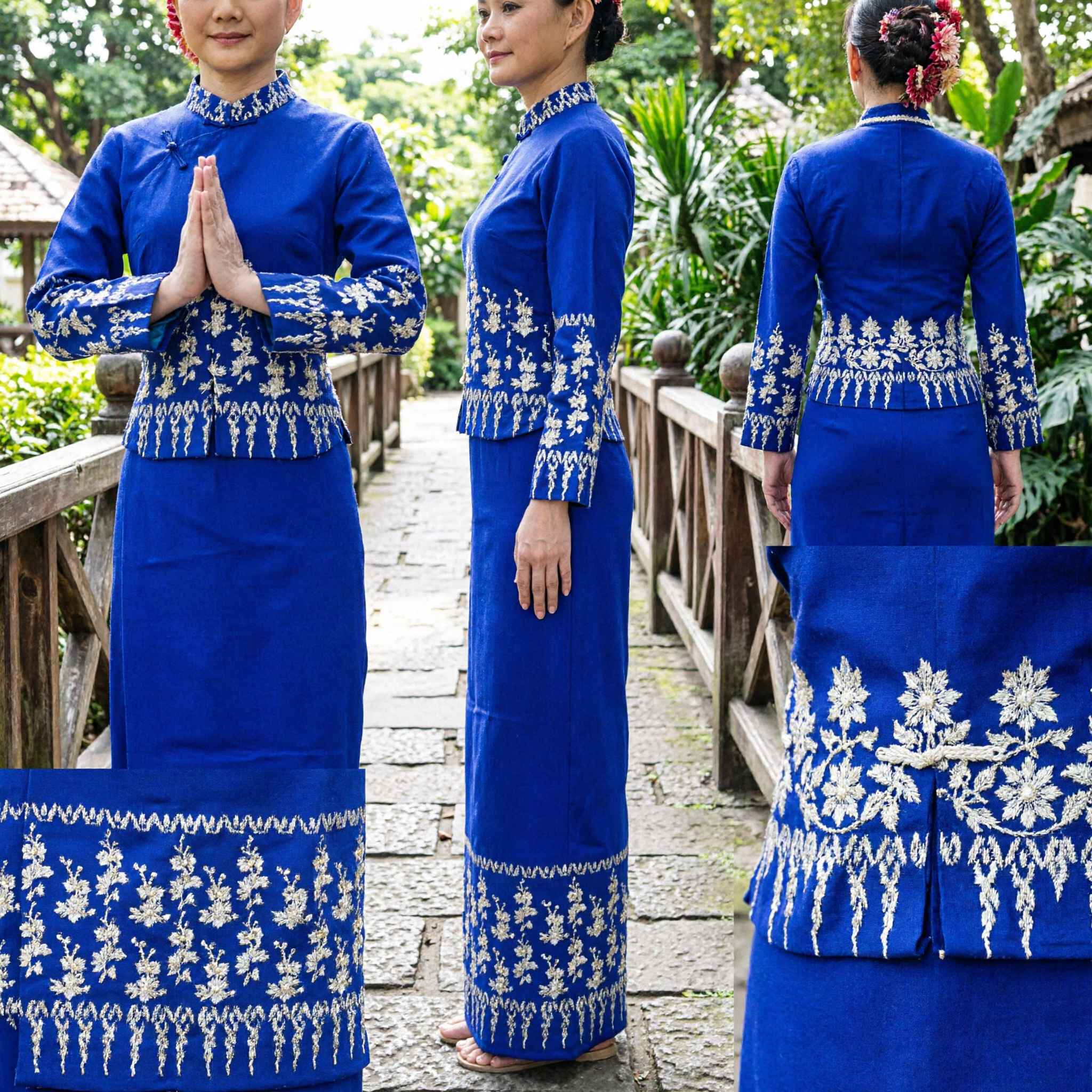 Elegant Royal Blue Traditional Southeast Asian Embroidered Long Dress Costume for Women Cultural Performance