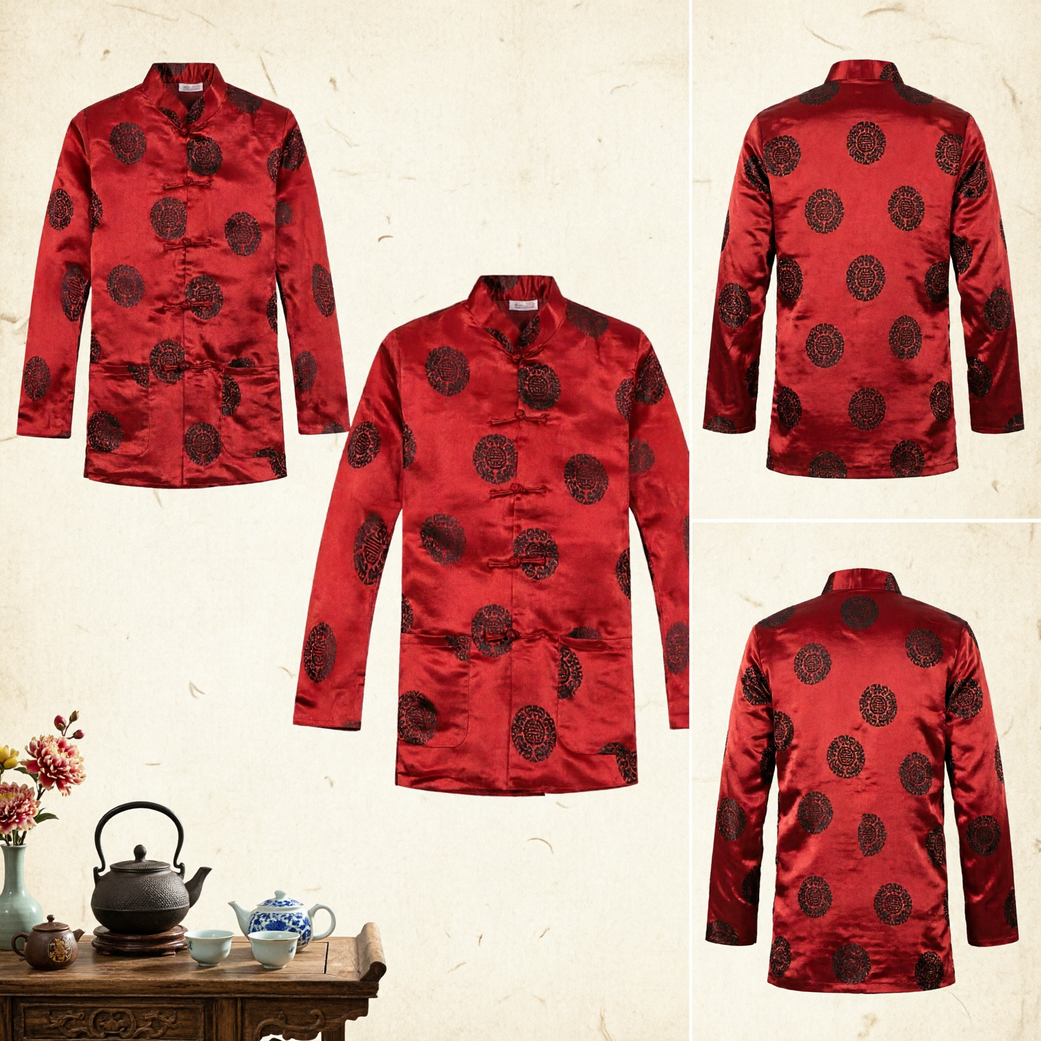 Men's Red Traditional Chinese Tang Suit Mandarin Collar Shirt Brocade Kung Fu Top for Wedding and Festival