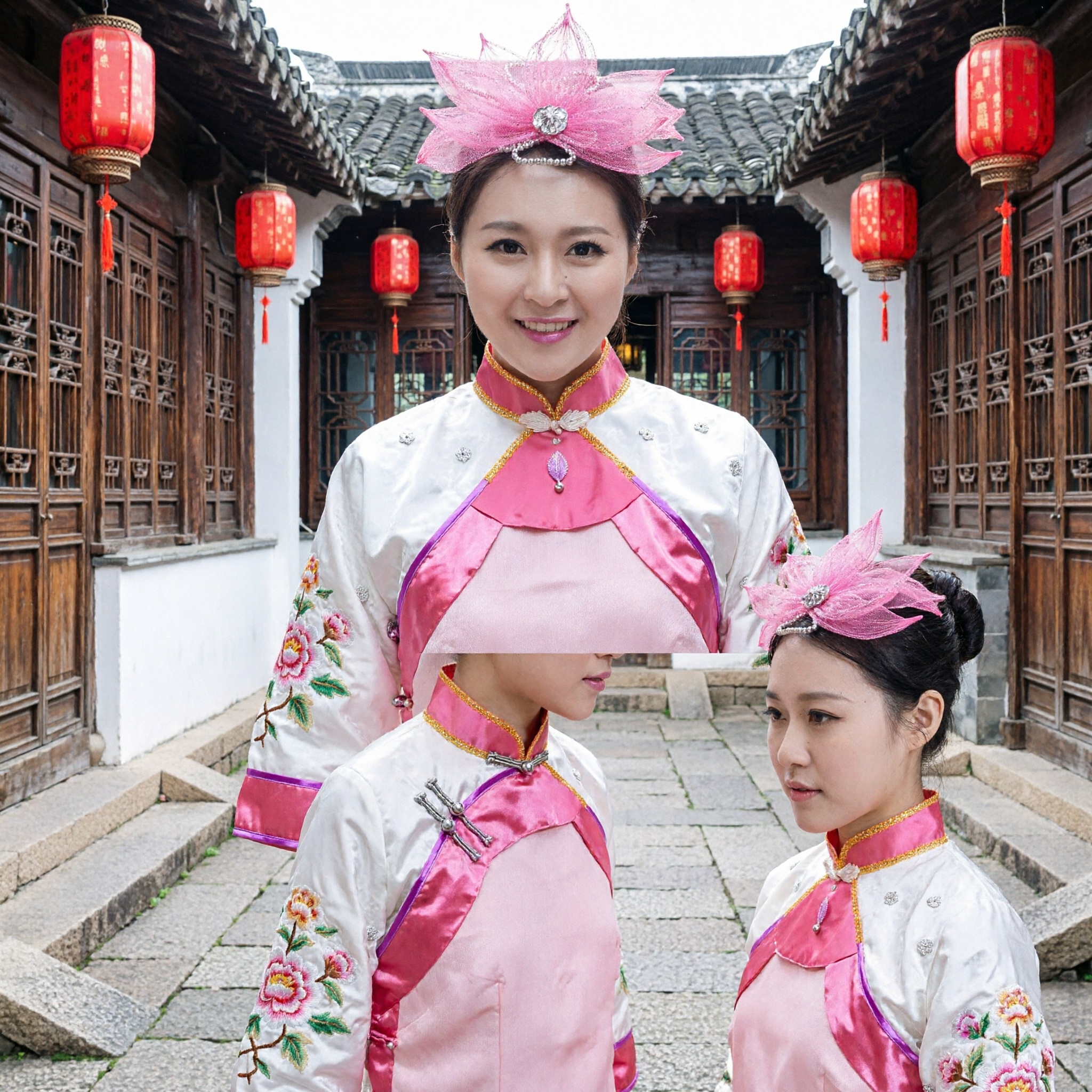 Pink Mesh Flower Hair Accessory with Crystal Rhinestone and Pearls for Traditional Chinese Dance Performance