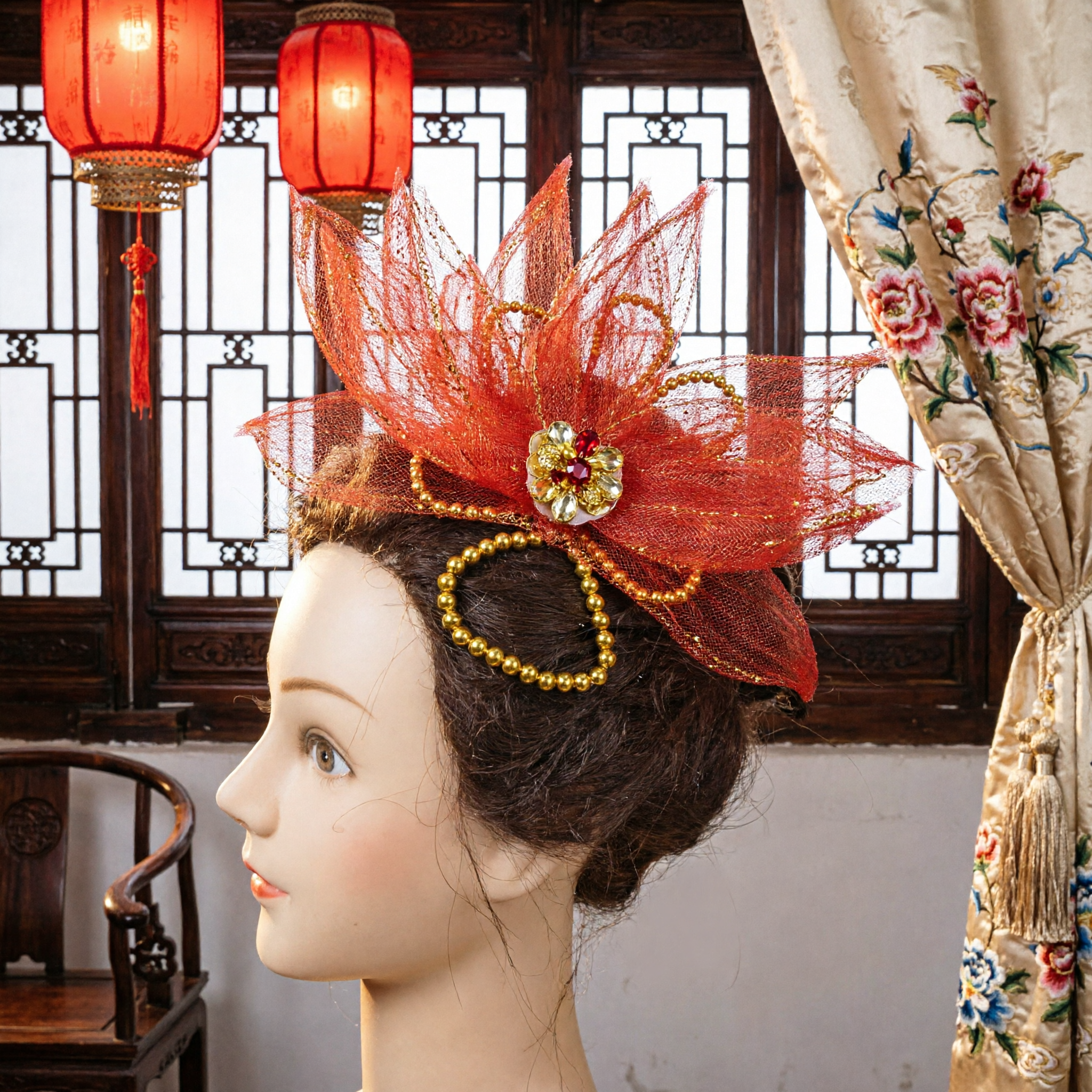 Large Red Lotus Flower Hair Accessory with Gold Beads for Chinese Traditional Dance Performance Women