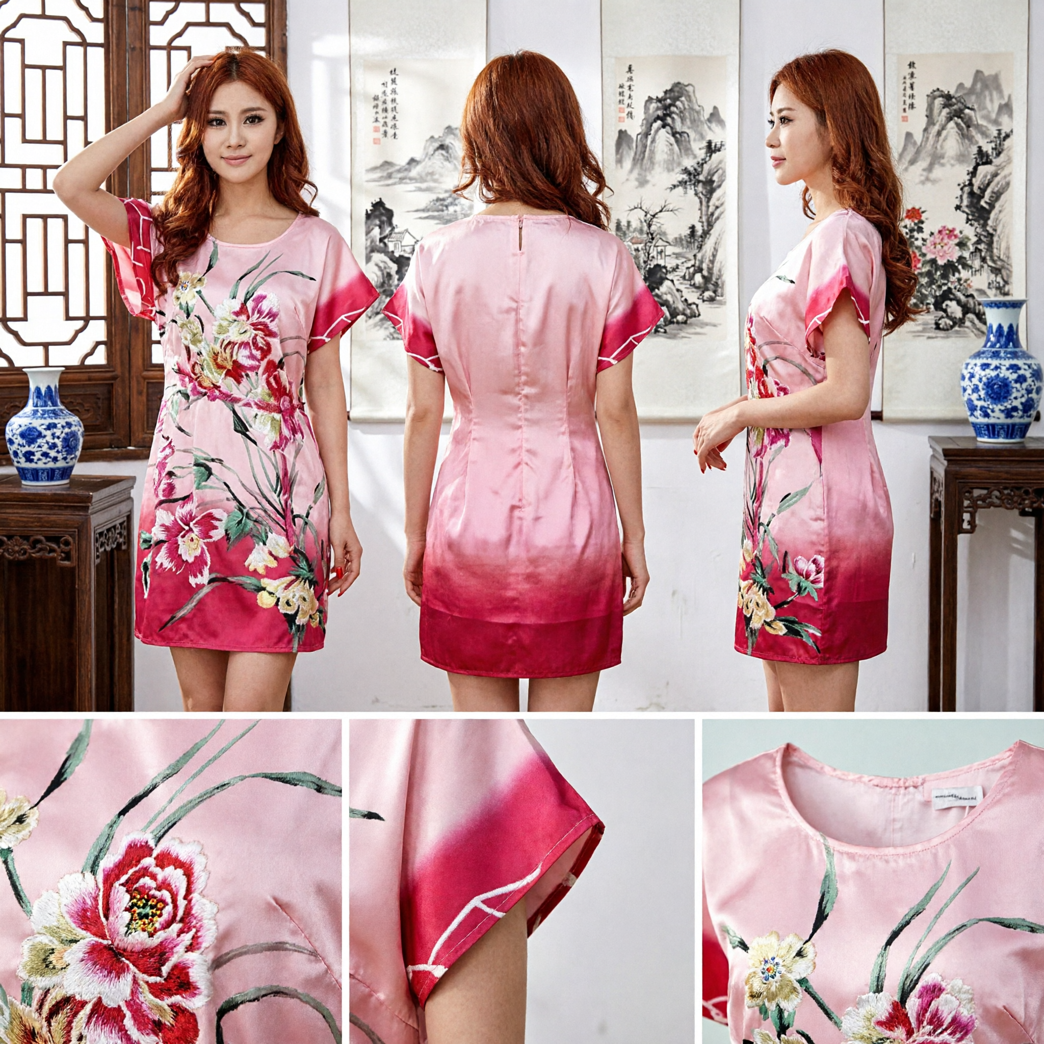 Women's Pink Floral Silk Nightgown Chinese Qipao Style Short Sleeve Sleepwear Loungewear Dress