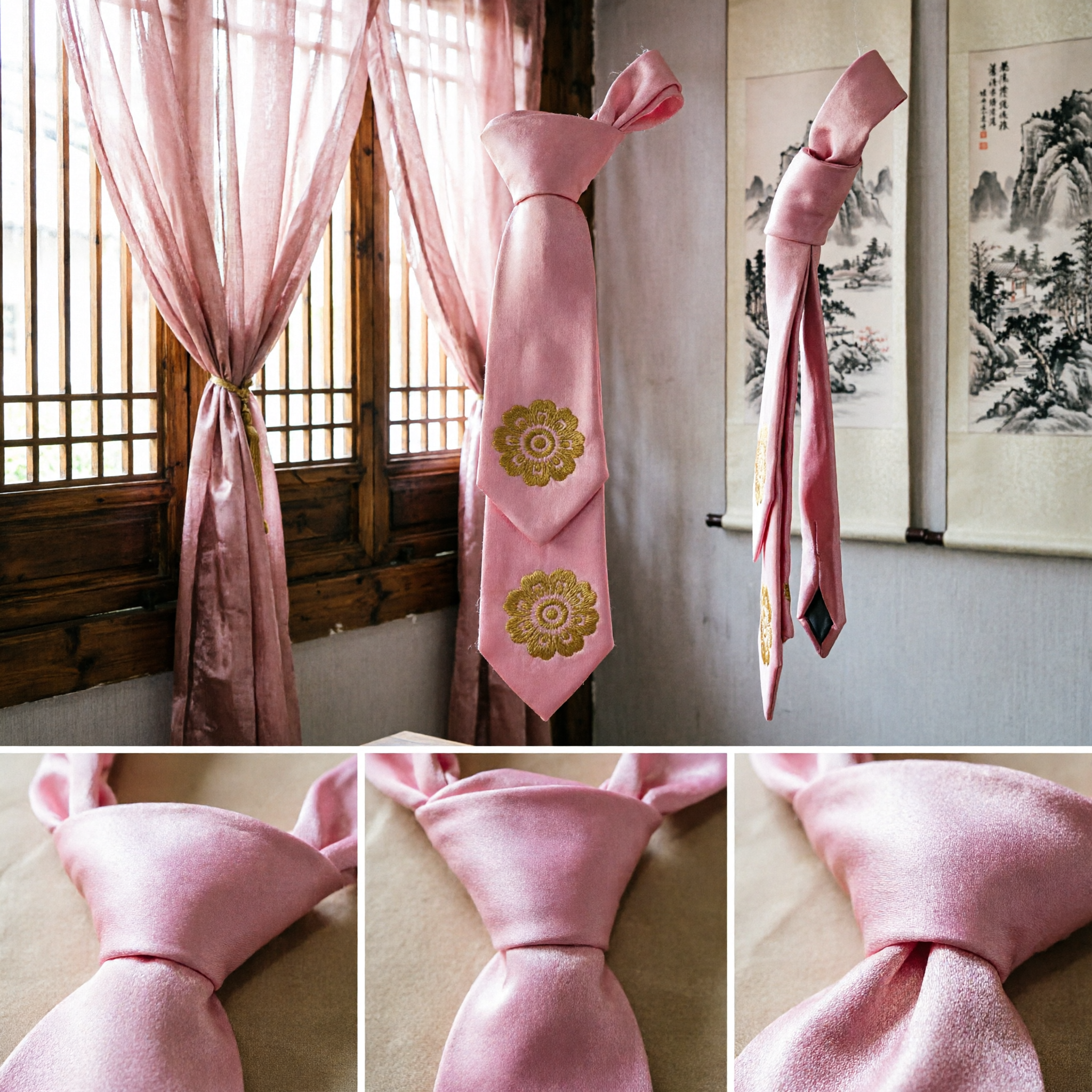 Elegant Pink Hanfu Silk Tie with Gold Floral Embroidery Traditional Chinese Ancient Costume Accessory for Women