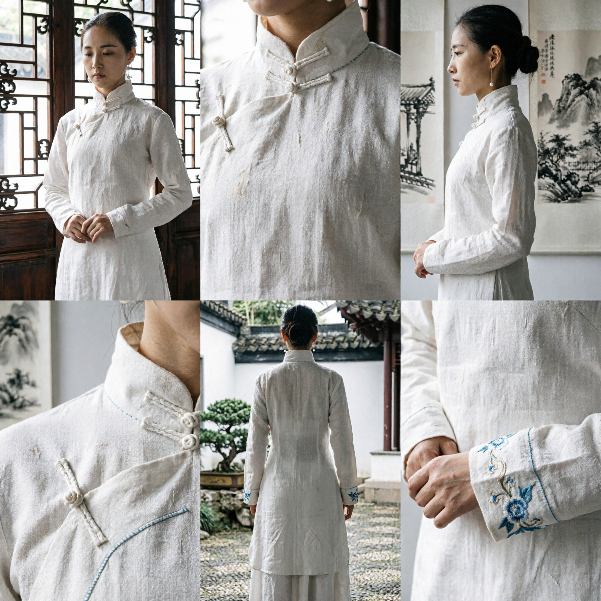 White Linen Traditional Chinese Tang Suit Two Piece Set for Women Zen Tea Ceremony Outfit