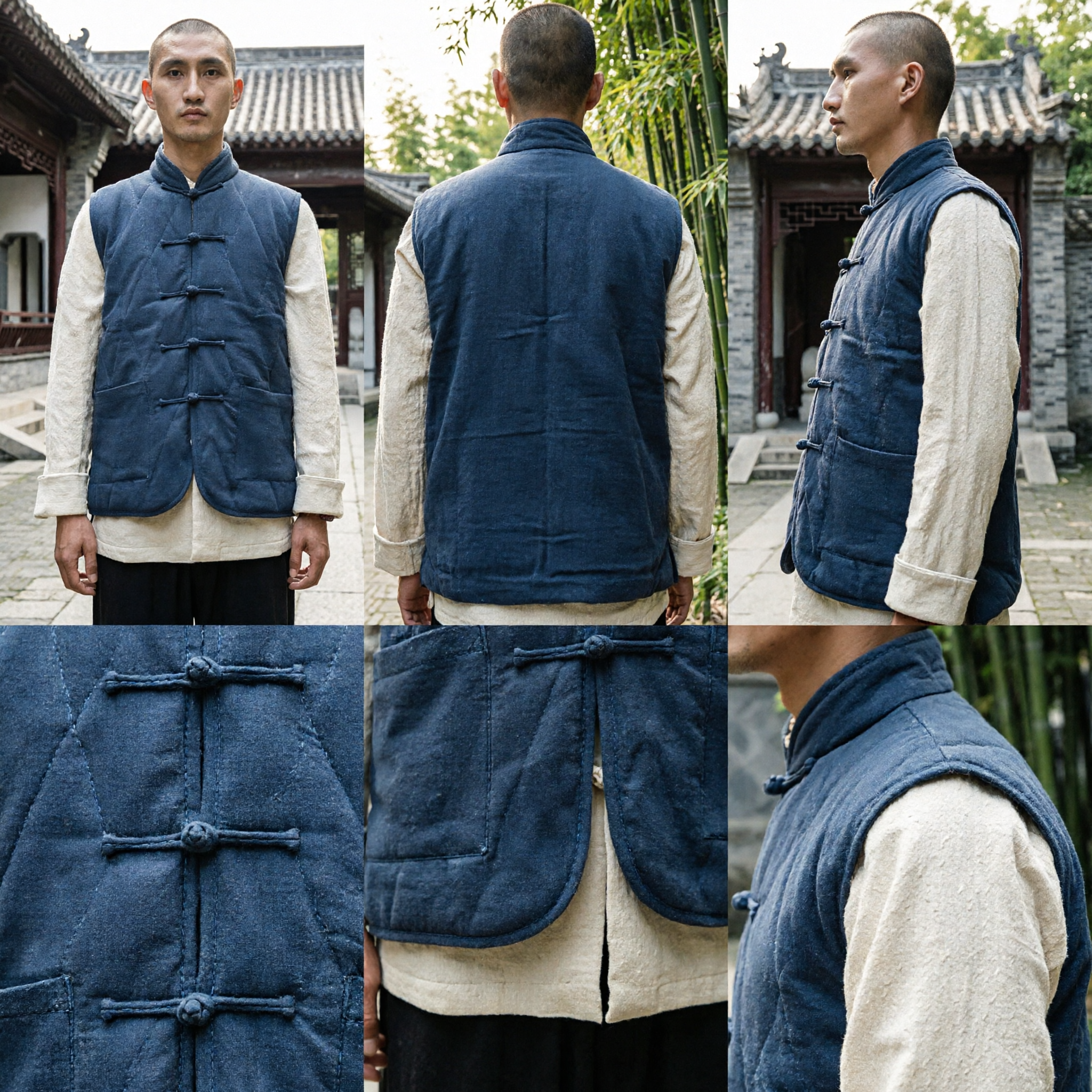 Men's Traditional Chinese Quilted Cotton Vest Kung Fu Tang Suit Waistcoat with Mandarin Collar and Frog Buttons