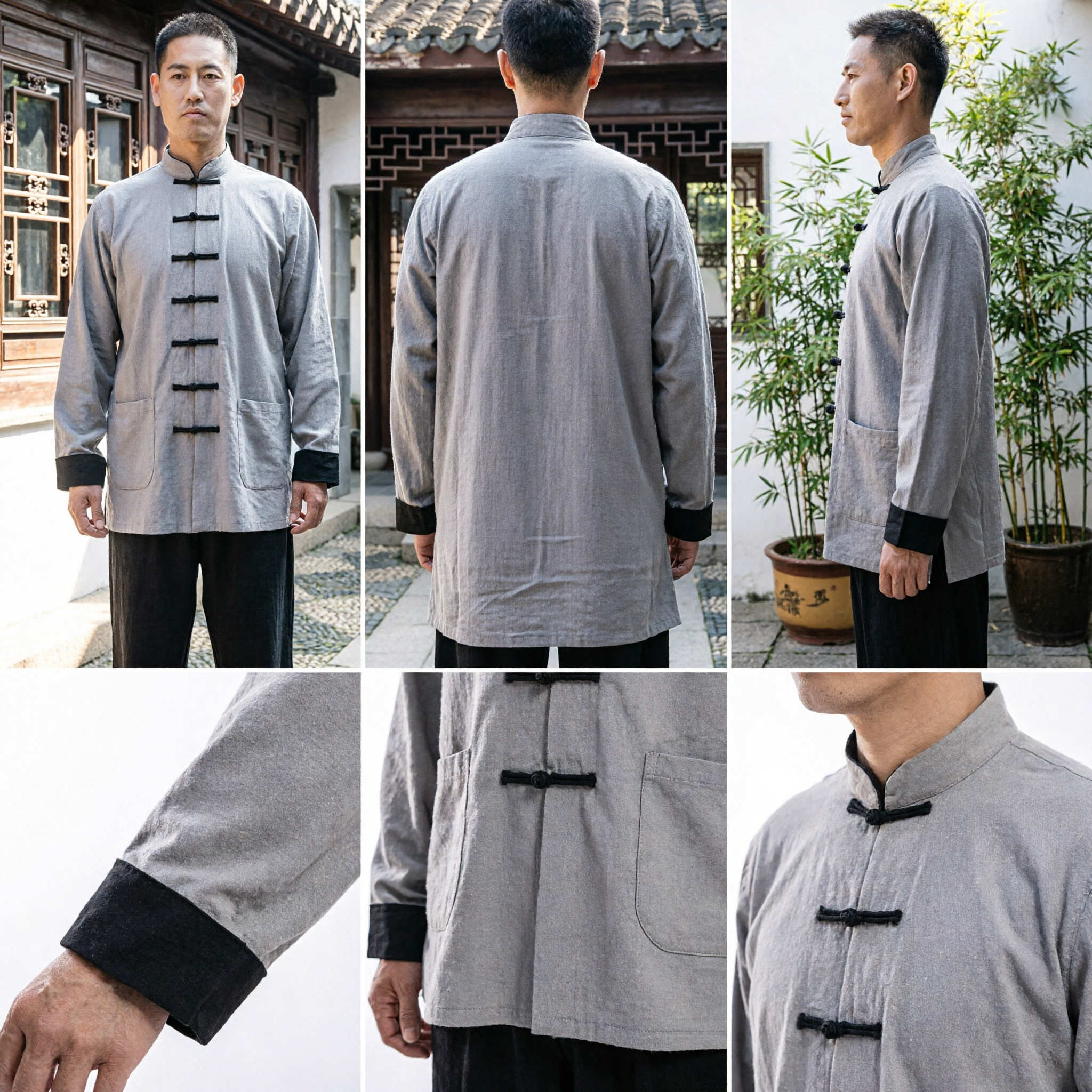 Men's Traditional Chinese Kung Fu Uniform Grey Tai Chi Suit Martial Arts Clothing Set for Training