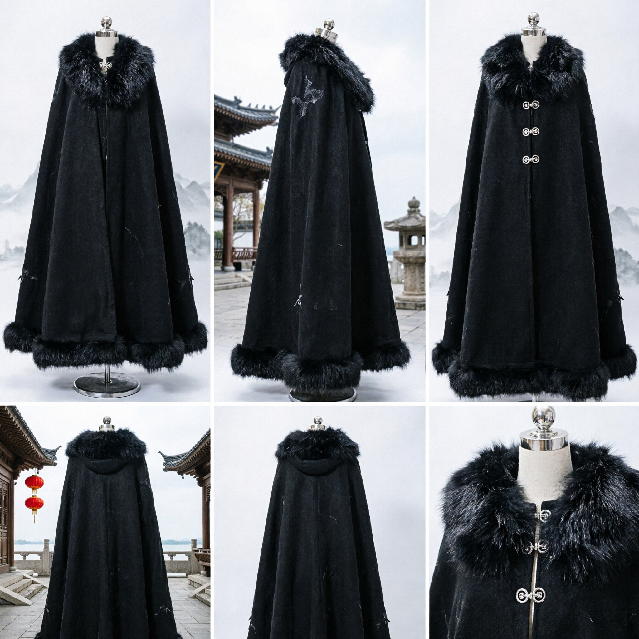 Traditional Chinese Black Winter Cloak with Fur Trim Ancient Hanfu Cape for Cosplay and Historical Reenactment