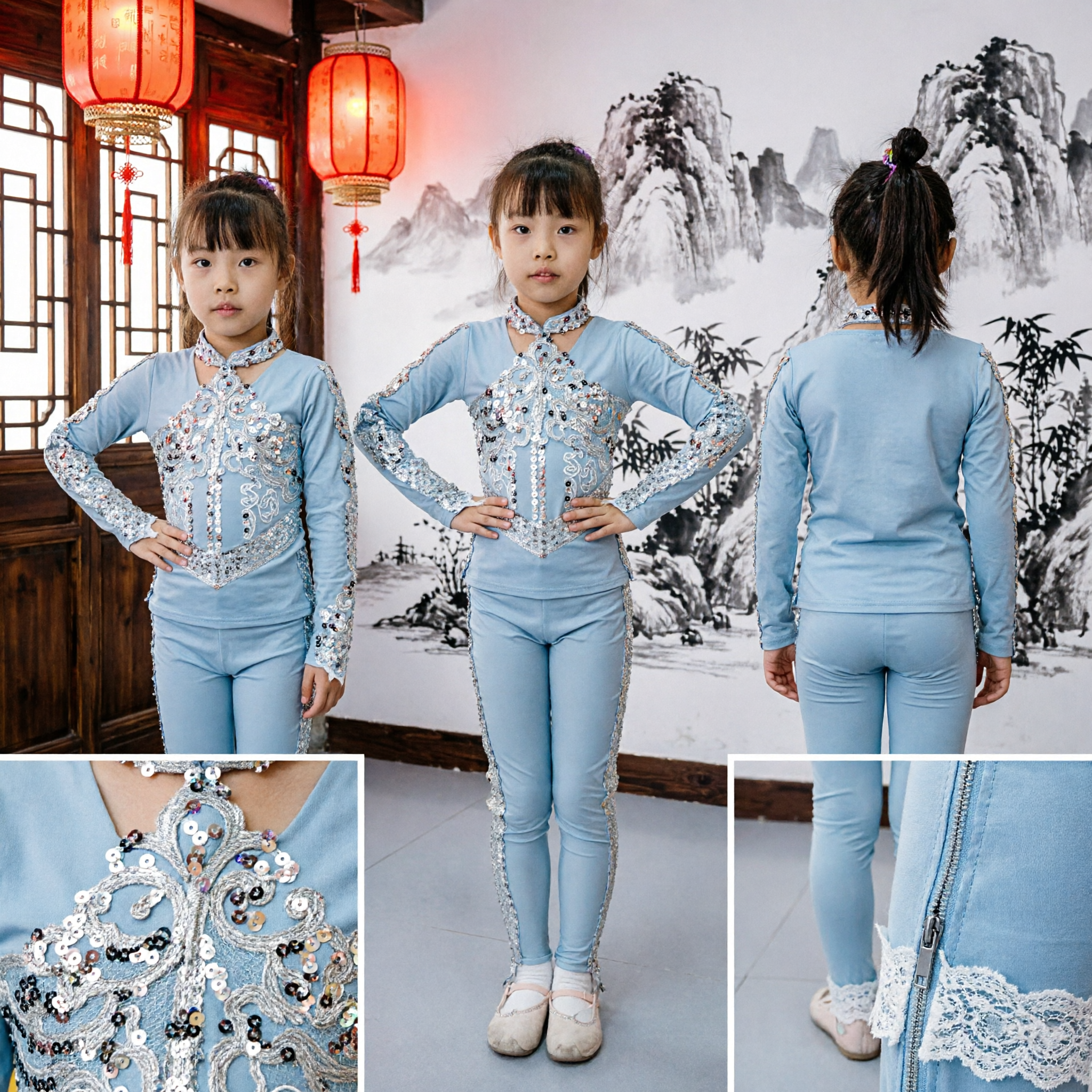 Girls Light Blue Chinese Dance Costume Sequin Embellished Top and Pants Performance Outfit Set