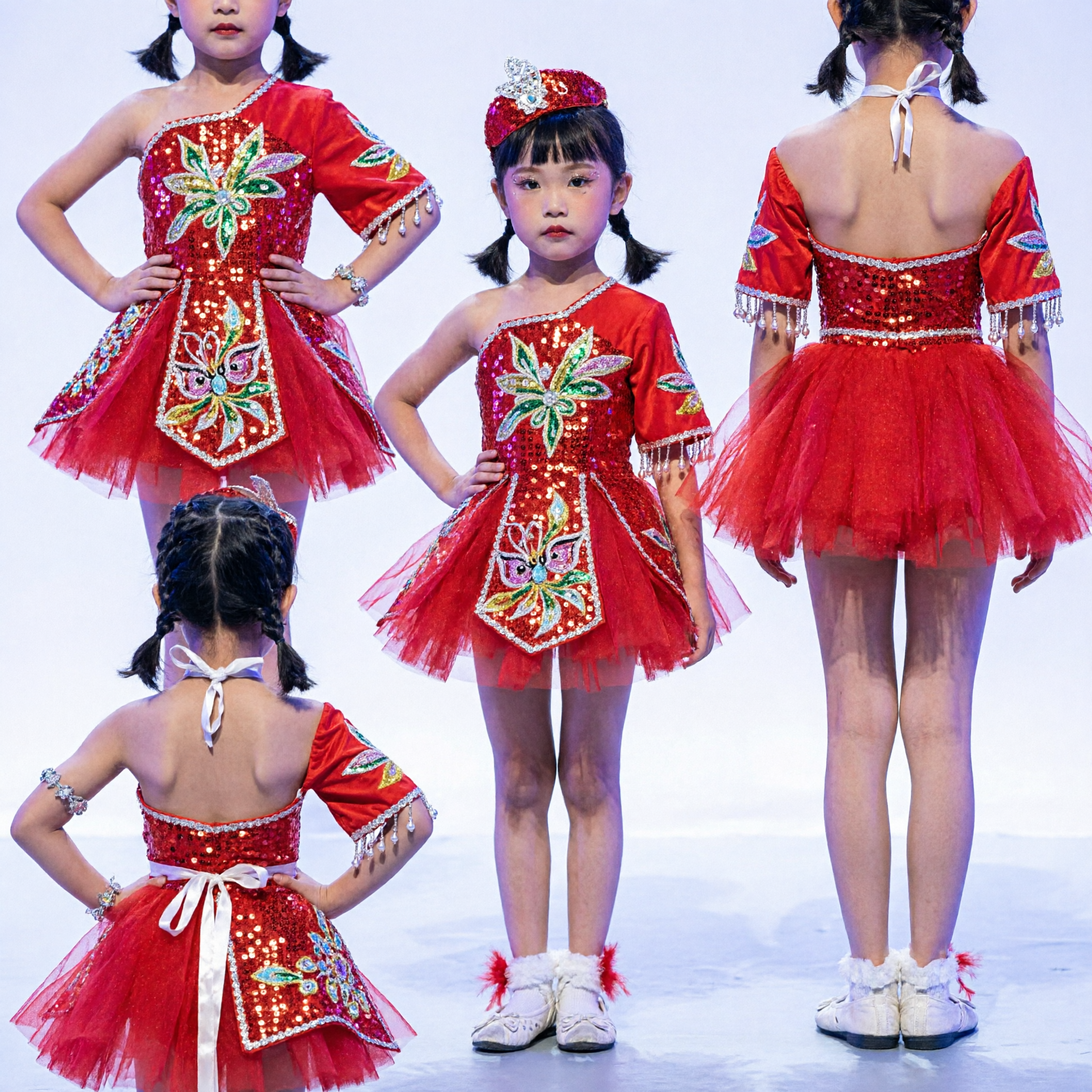 Girls Red Sequin Tutu Dance Costume Kids Chinese Stage Performance Dress Festival Party Outfit with Headpiece
