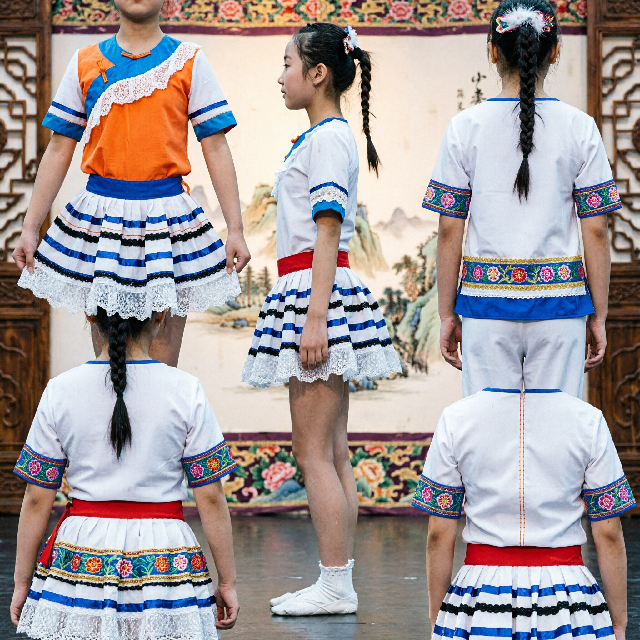 Professional Chinese Group Dance Costumes White and Blue Stage Performance Outfits for Competition and Show