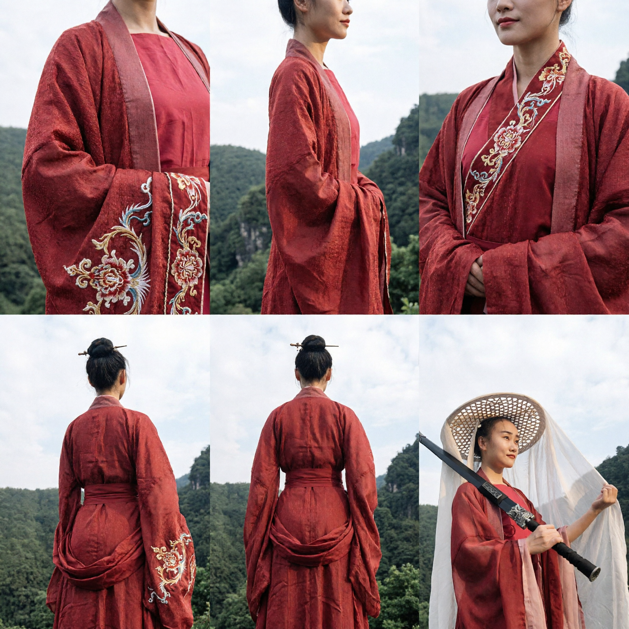 Traditional Chinese Ancient Swordswoman Costume Red Hanfu Robe with Bamboo Hat and Veil for Women Cosplay