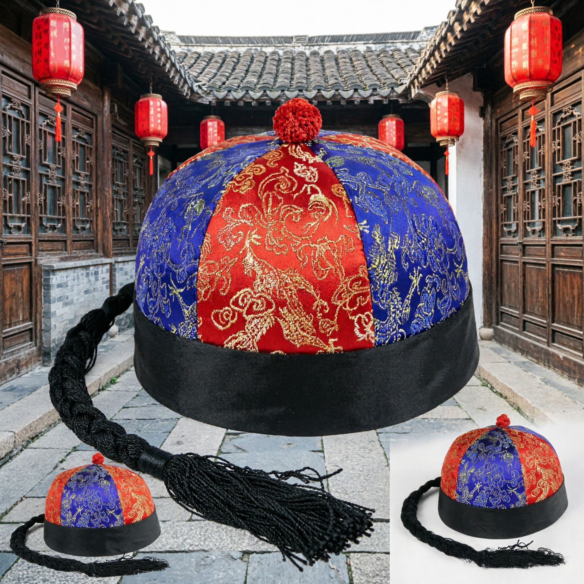 Traditional Chinese Qing Dynasty Silk Hat with Gold Embroidery and Long Queue Braid for Men Historical Cosplay