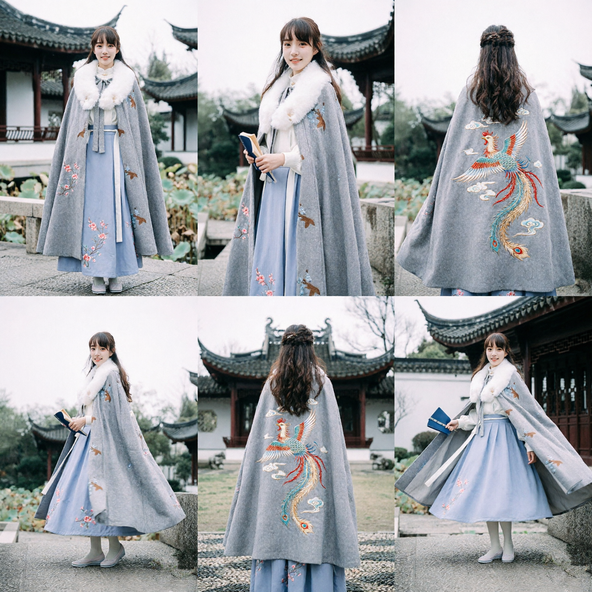 Traditional Chinese Hanfu Winter Cloak Set Blue Skirt Deer Embroidery Ancient Costume for Women Photography