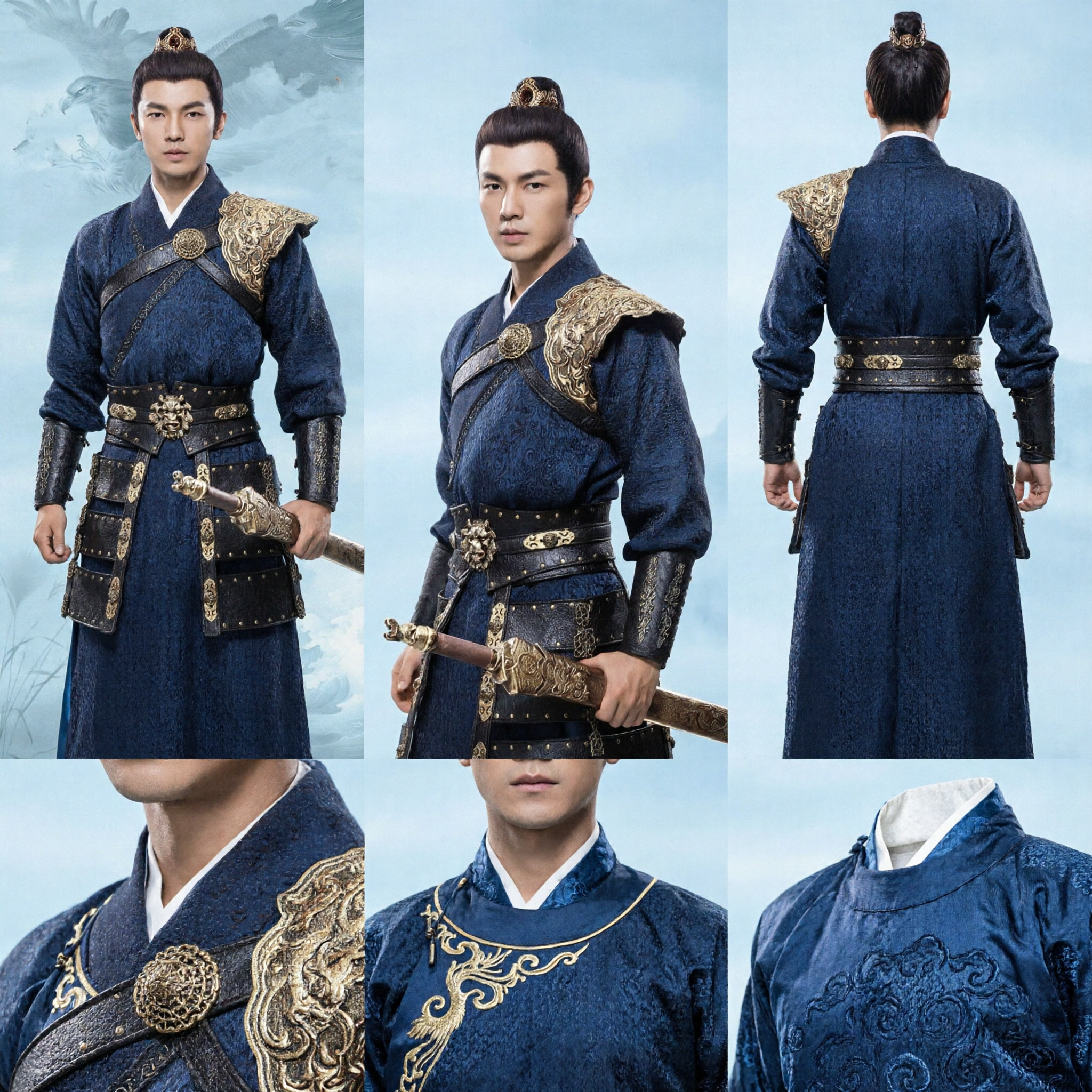 Men's Ancient Chinese General Warrior Costume Blue Hanfu with Armor Set for Cosplay Historical Drama