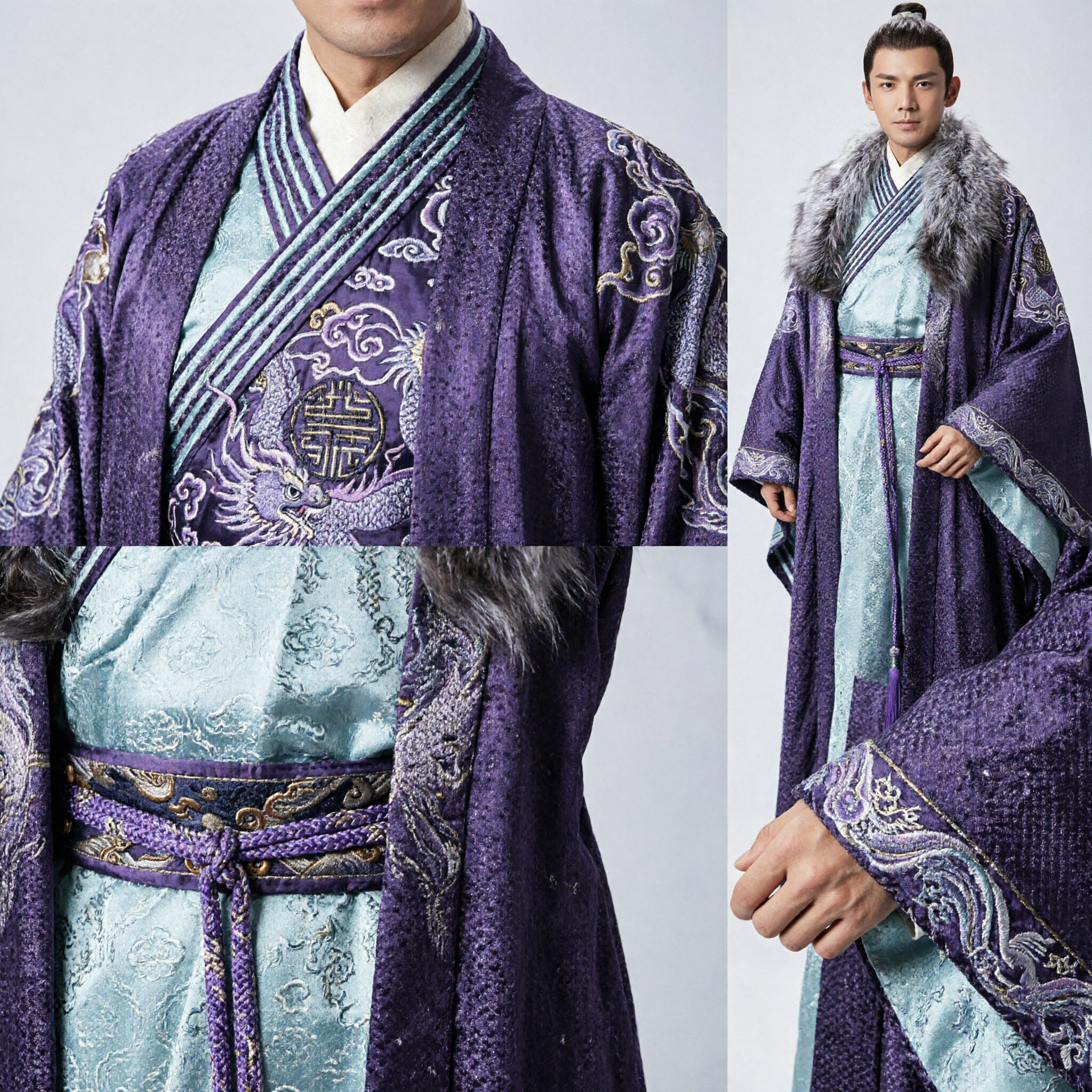 Men's Ancient Chinese Hanfu Purple Nobleman Robe with Fur Collar Historical Drama Cosplay Costume