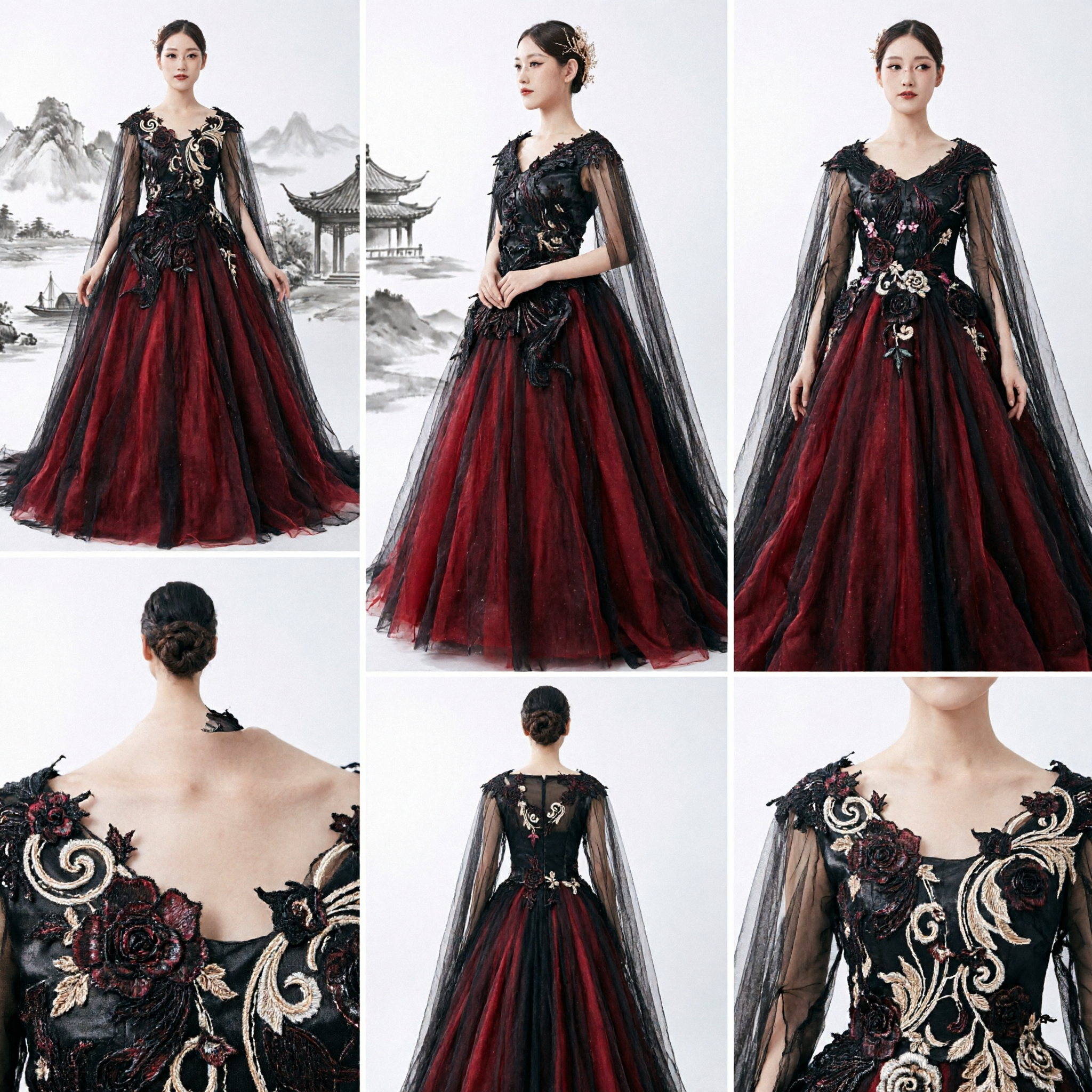 Dramatic Gothic Red and Black Ballgown with Sheer Cape for Dark Fantasy Weddings or Stage Performances