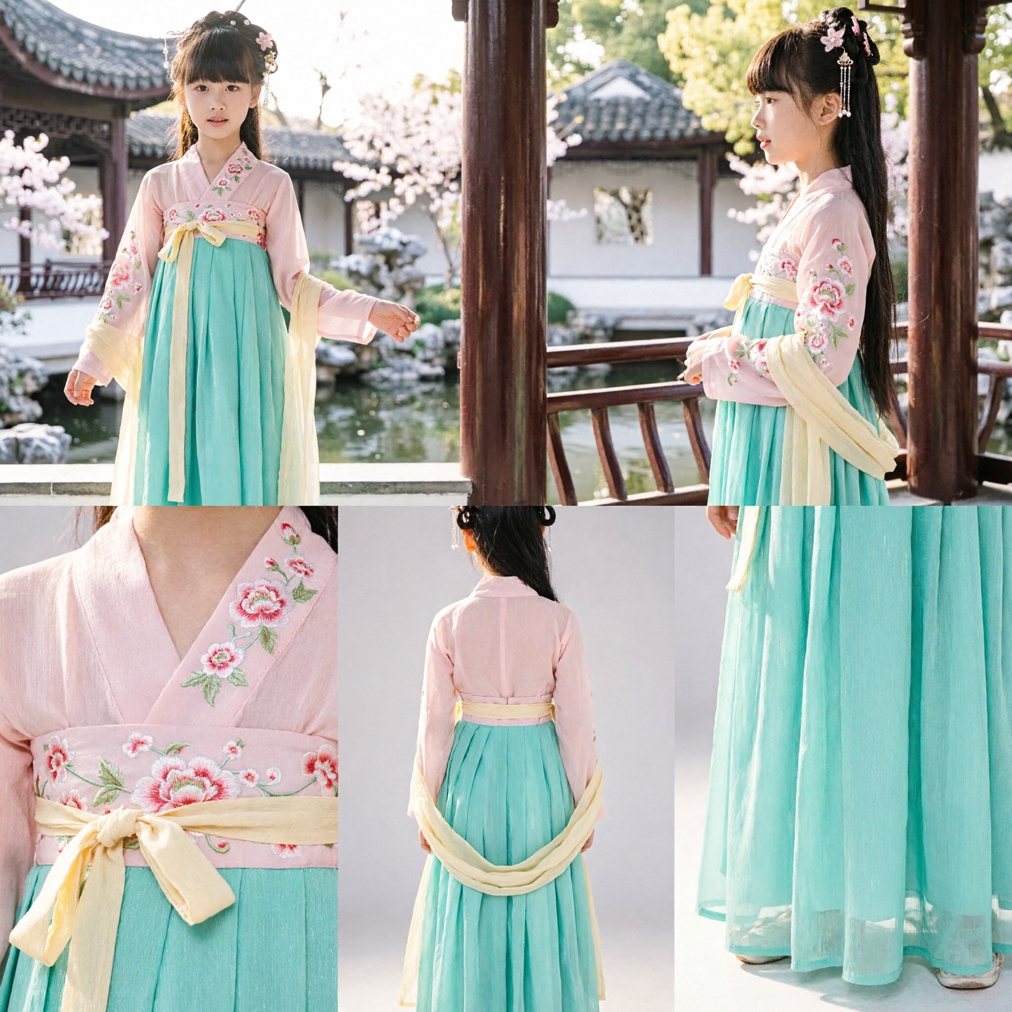 Kids Girls Traditional Chinese Hanfu Ancient Costume Tang Dynasty Princess Dress Embroidered Green Pink Outfit