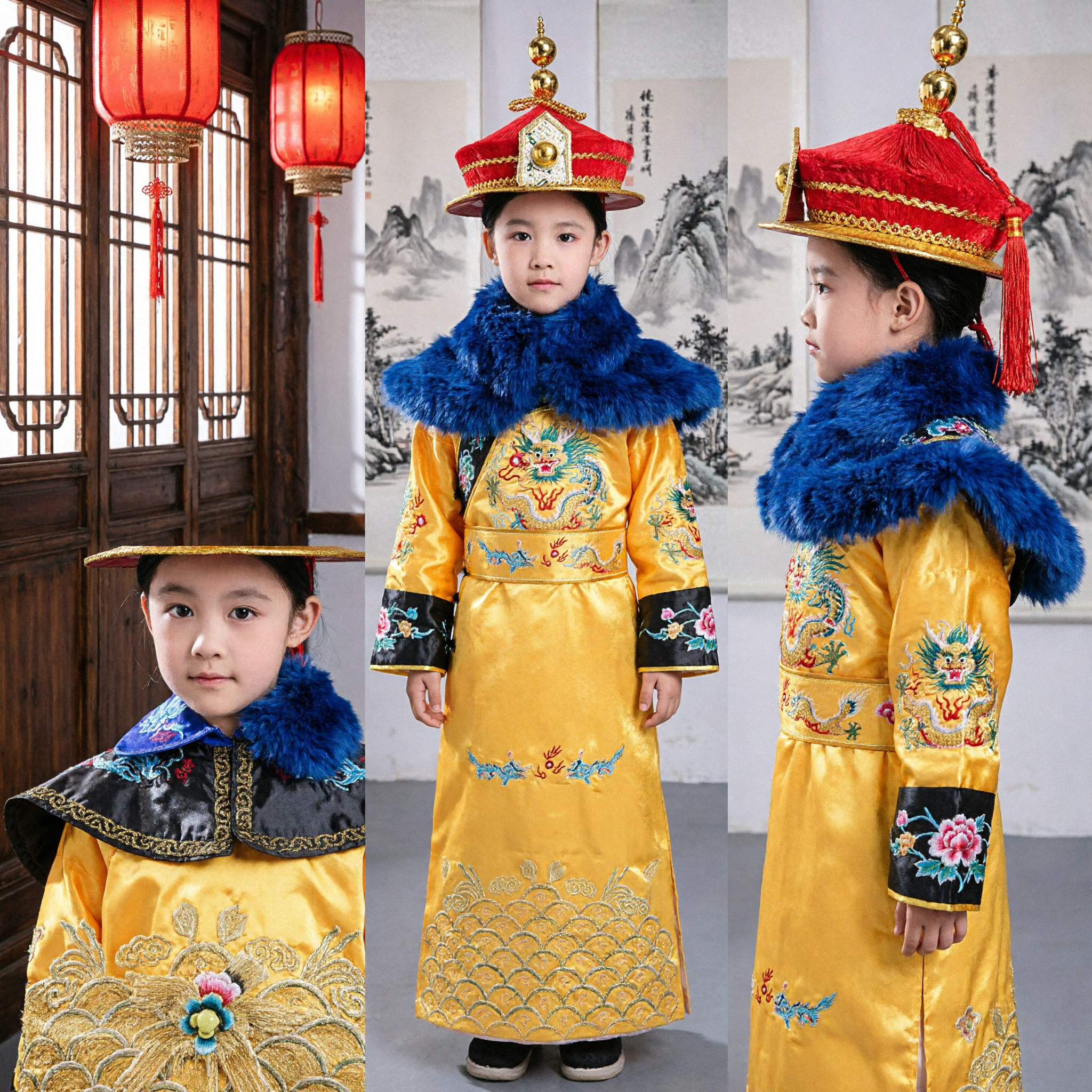 Boys Traditional Chinese Emperor Costume Qing Dynasty Yellow Dragon Robe with Hat for Stage Performance