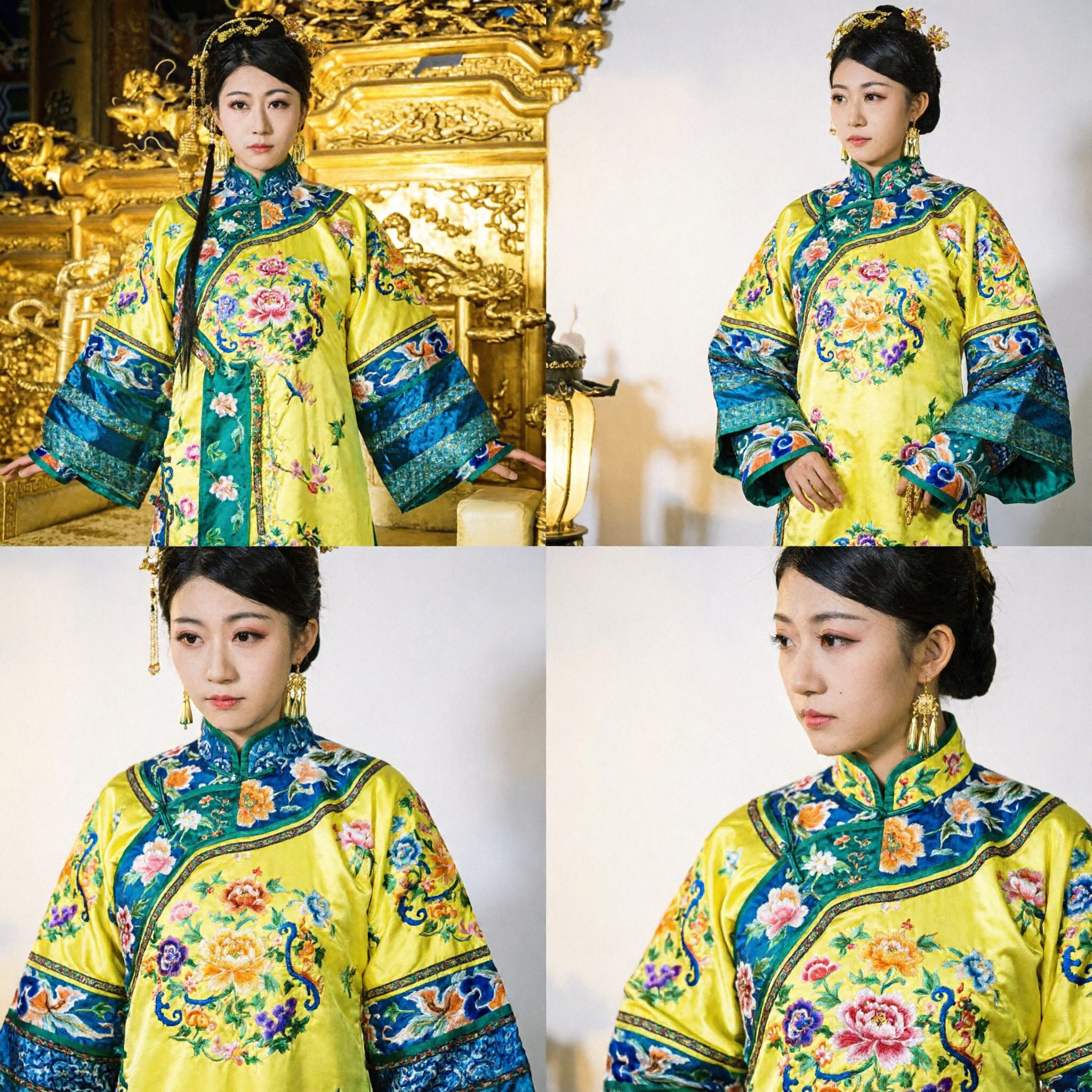 Traditional Chinese Qing Dynasty Manchu Princess Costume Yellow Floral Embroidered Robe for Women Cosplay