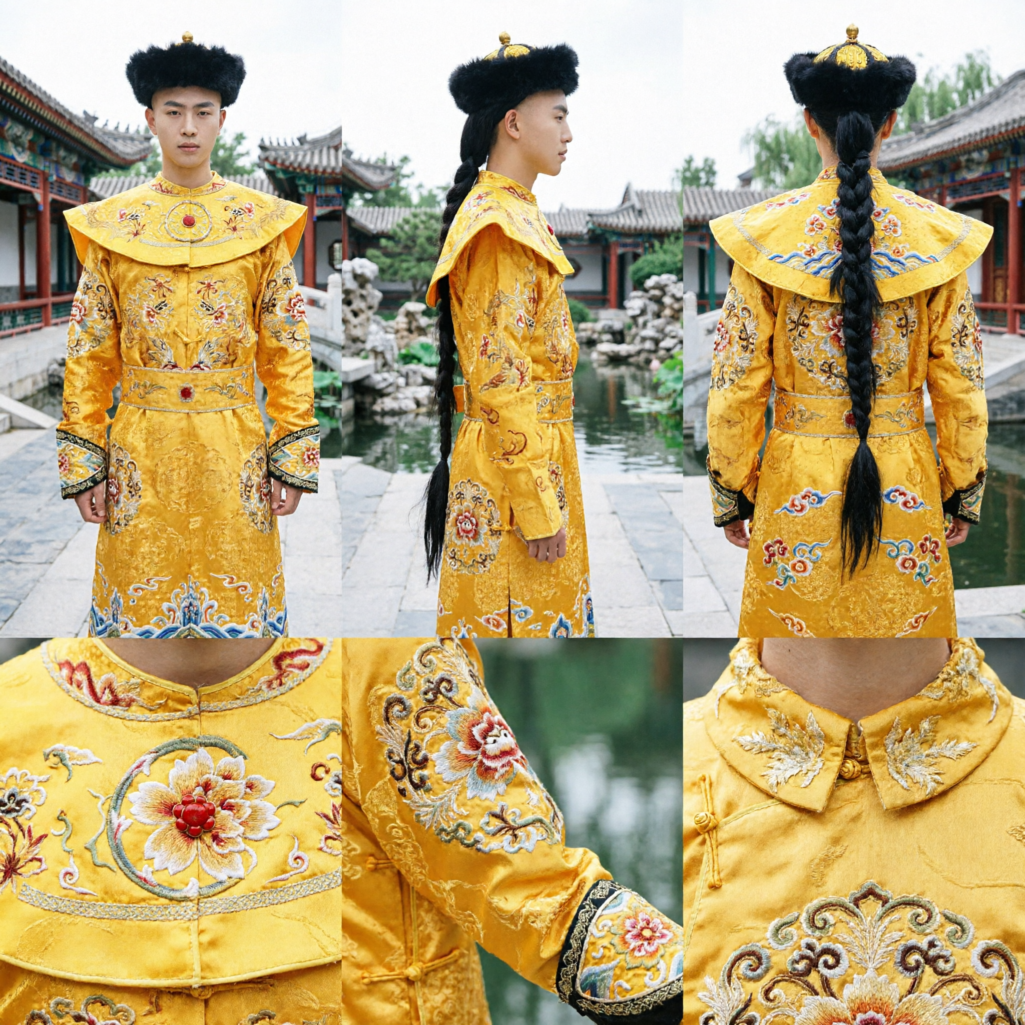 Traditional Chinese Qing Dynasty Emperor Yellow Dragon Robe Costume with Fur Hat for Men Historical Cosplay