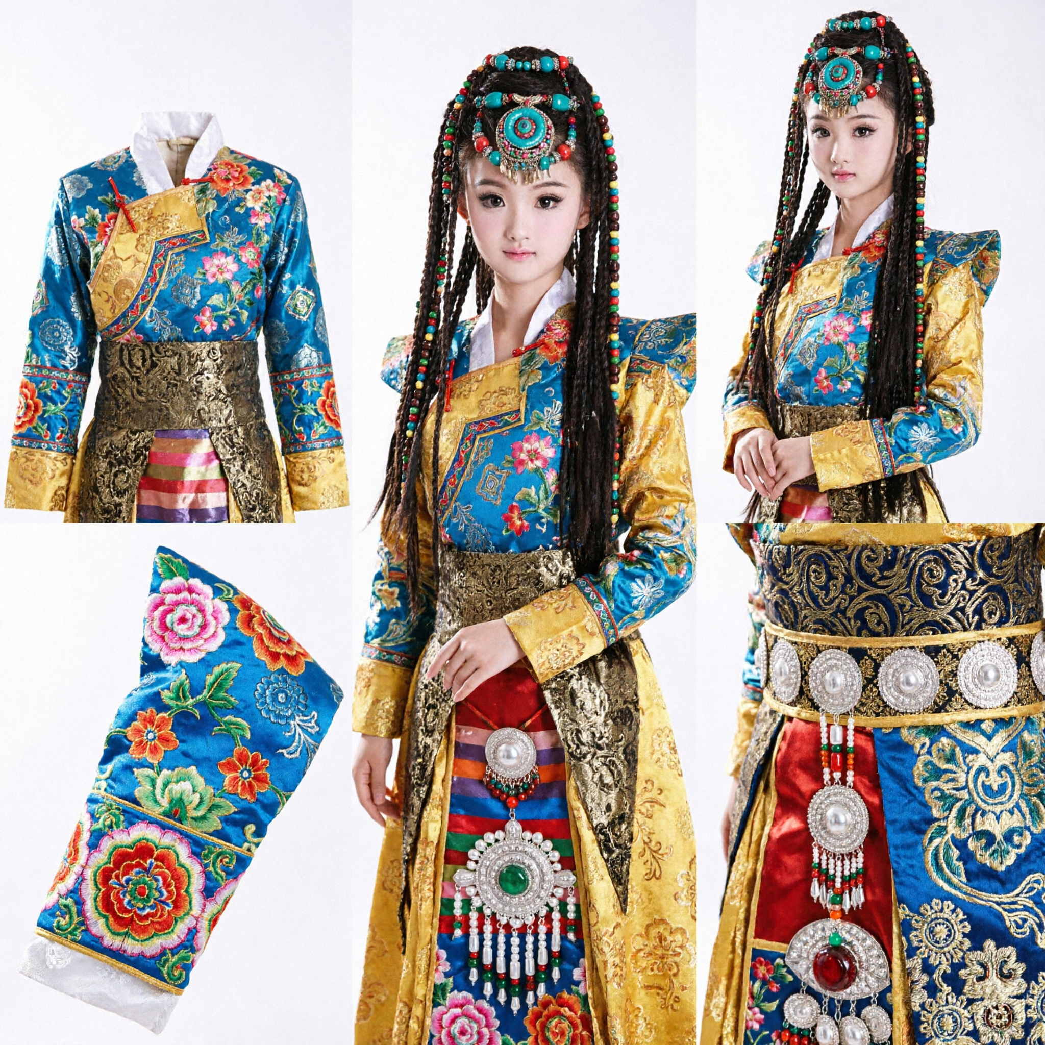 Traditional Tibetan Dance Costume for Girls Kids Ethnic Minority Performance Dress with Beaded Headpiece