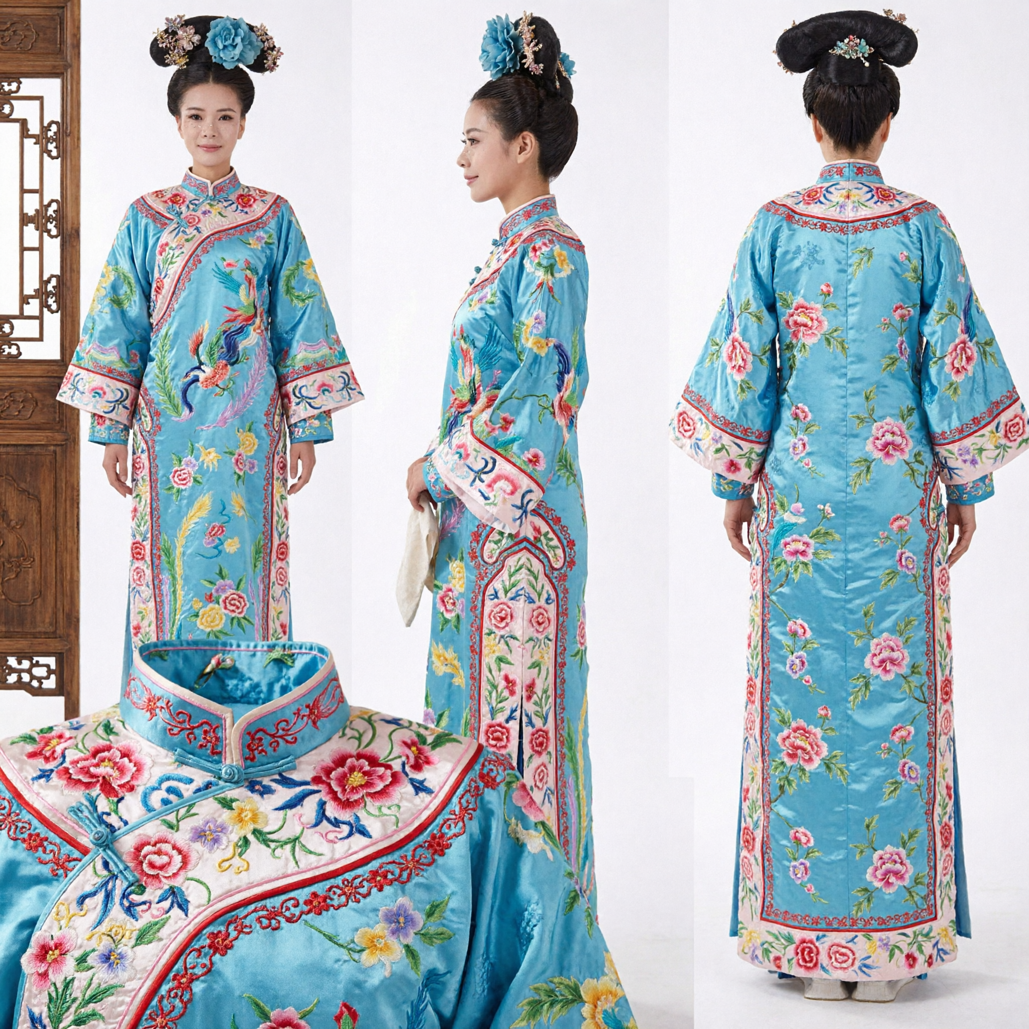 Traditional Chinese Qing Dynasty Princess Costume Blue Floral Embroidery Manchu Robe for Women Cosplay