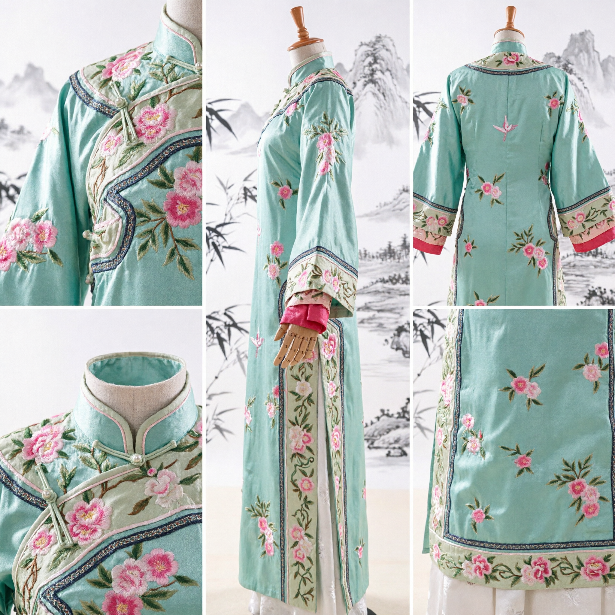 Traditional Chinese Ancient Costume Mint Green Floral Embroidered Long Robe for Women Performance