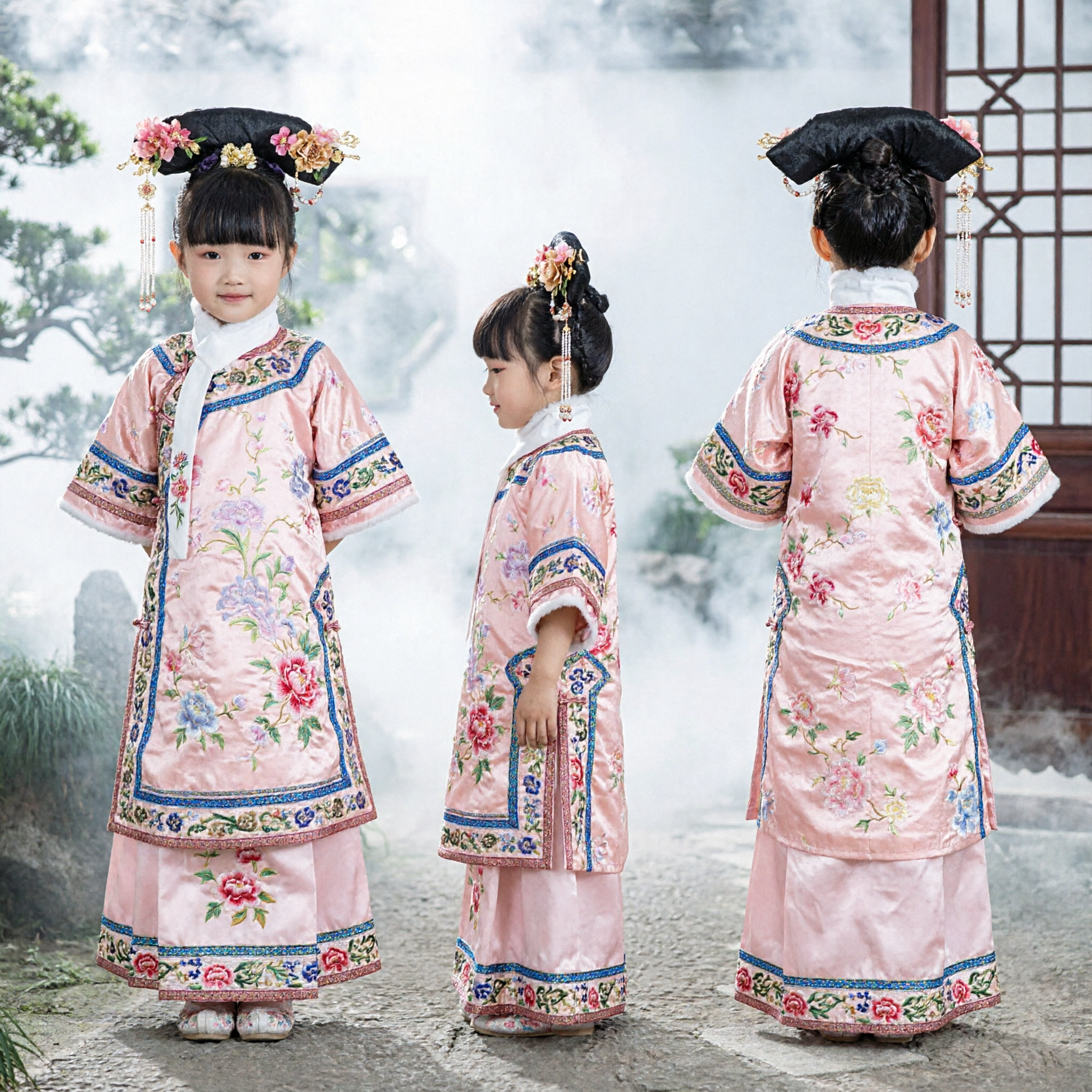 Traditional Chinese Qing Dynasty Manchu Princess Costume for Kids Girls Embroidered Robe and Headdress Set for Performance