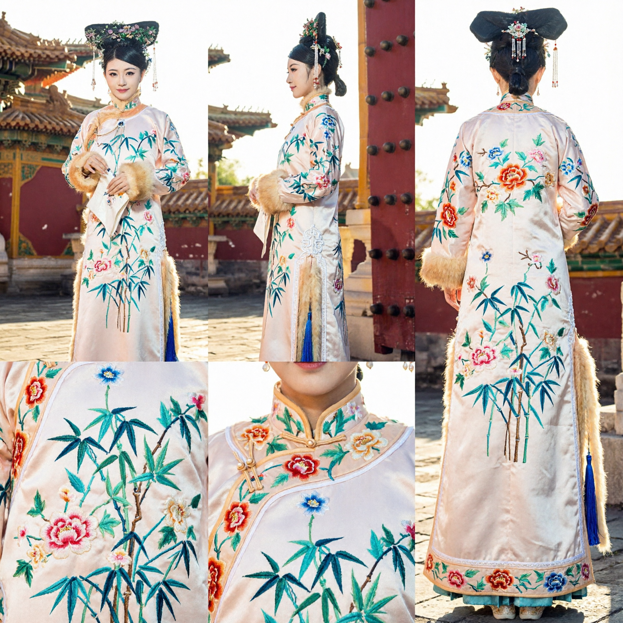 Traditional Chinese Qing Dynasty Manchu Princess Costume Complete Set Embroidered Robe and Headdress for Women Cosplay