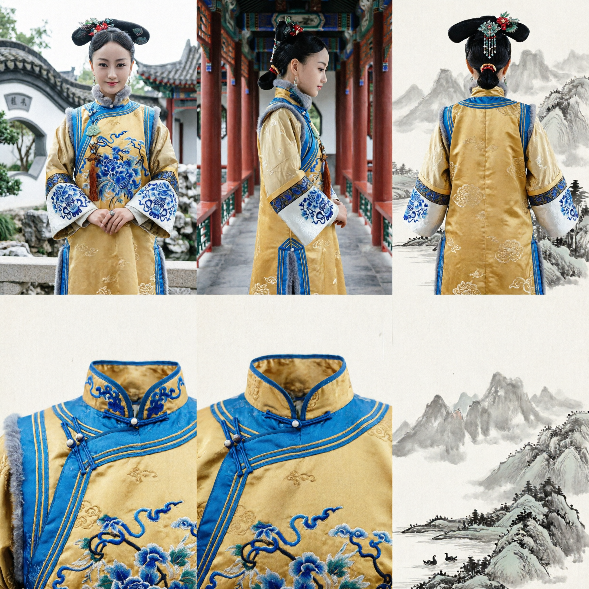 Traditional Chinese Qing Dynasty Manchu Princess Costume Yellow Embroidered Robe Ancient Drama Clothing for Women