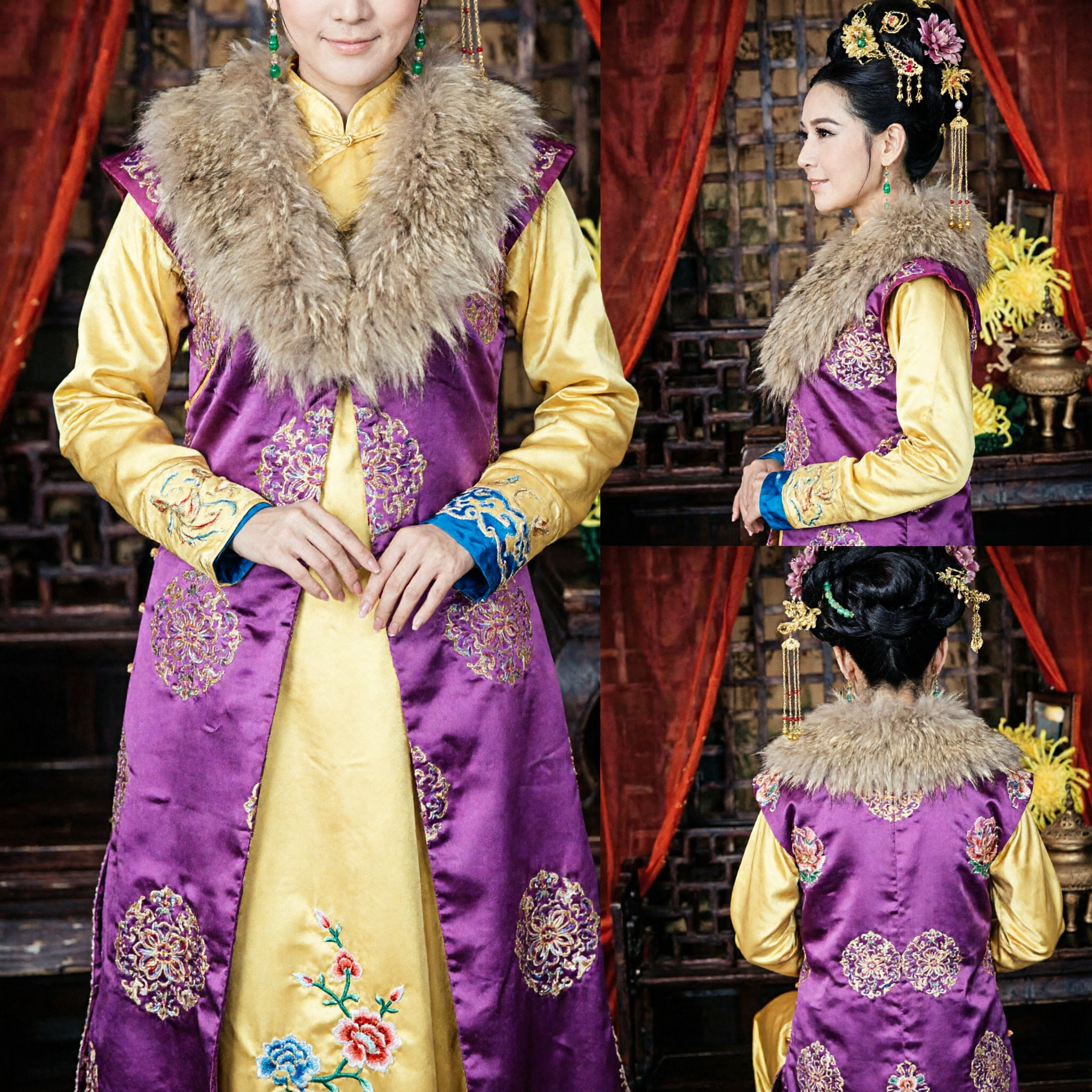 Ancient Chinese Imperial Noble Lady Costume Yellow and Purple Hanfu Dress with Fur Collar for Women