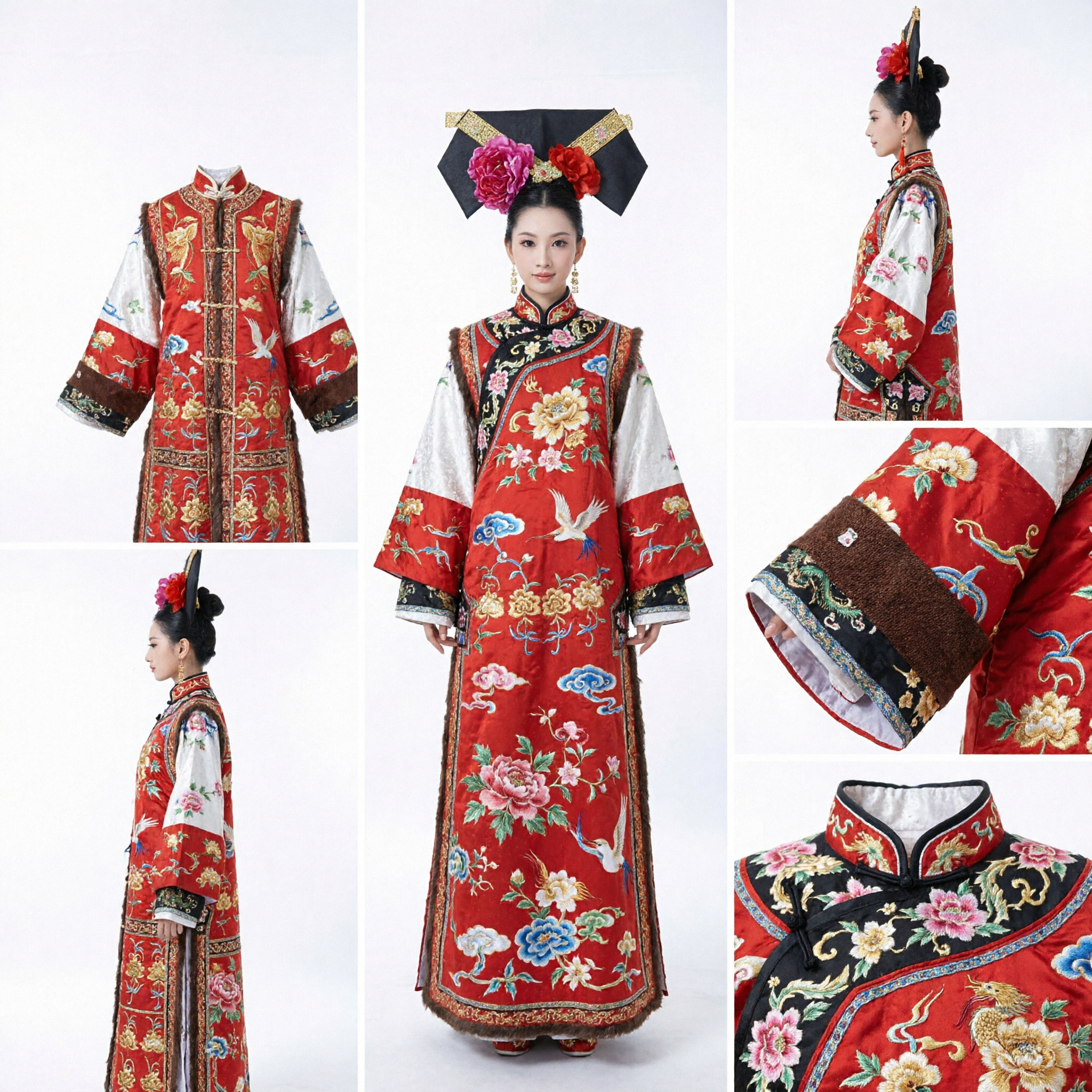 Women's Ancient Chinese Qing Dynasty Palace Lady Red Embroidered Robe Manchu Costume for Cosplay and Performance