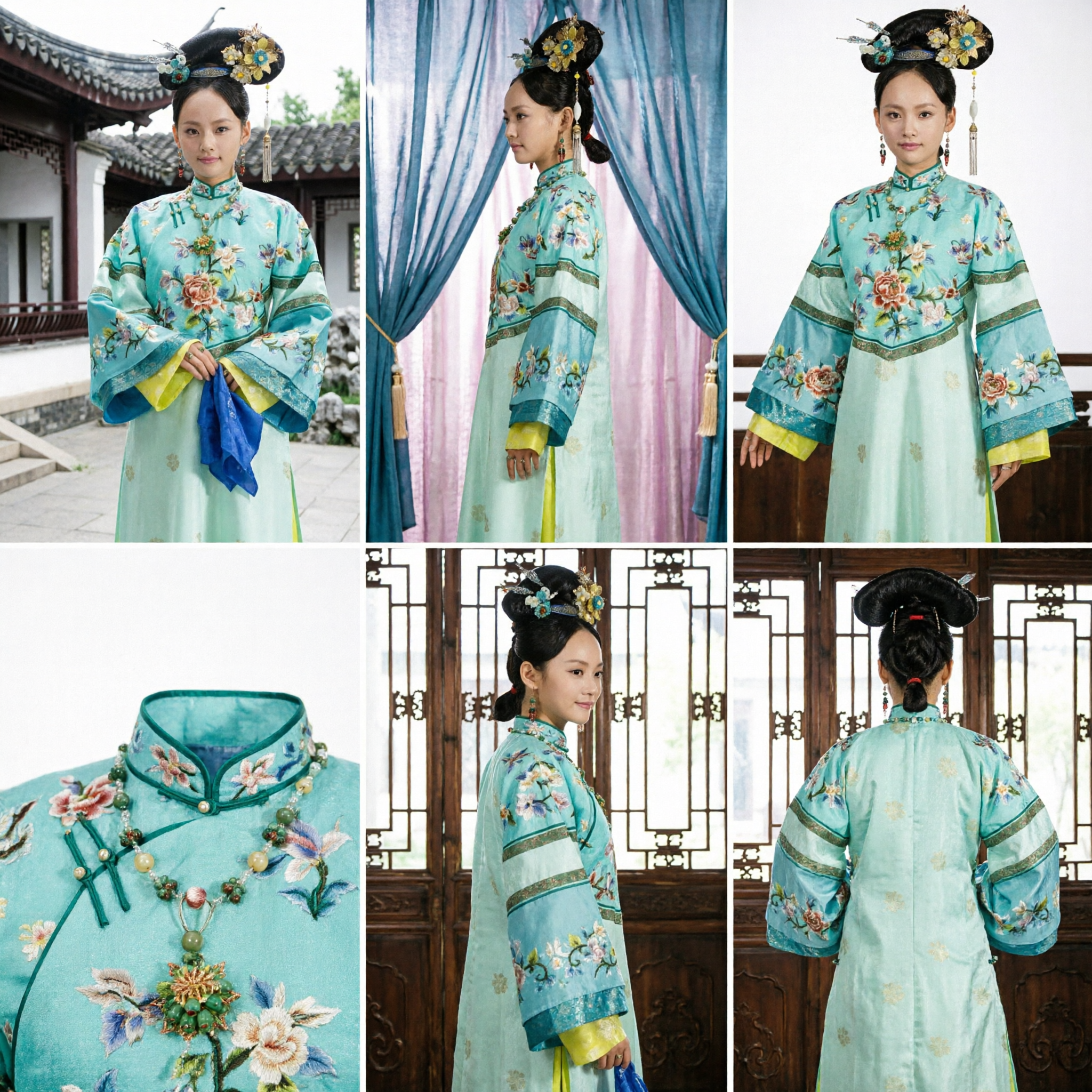 Traditional Chinese Qing Dynasty Manchu Princess Costume Blue Floral Embroidery Robe for Women Cosplay