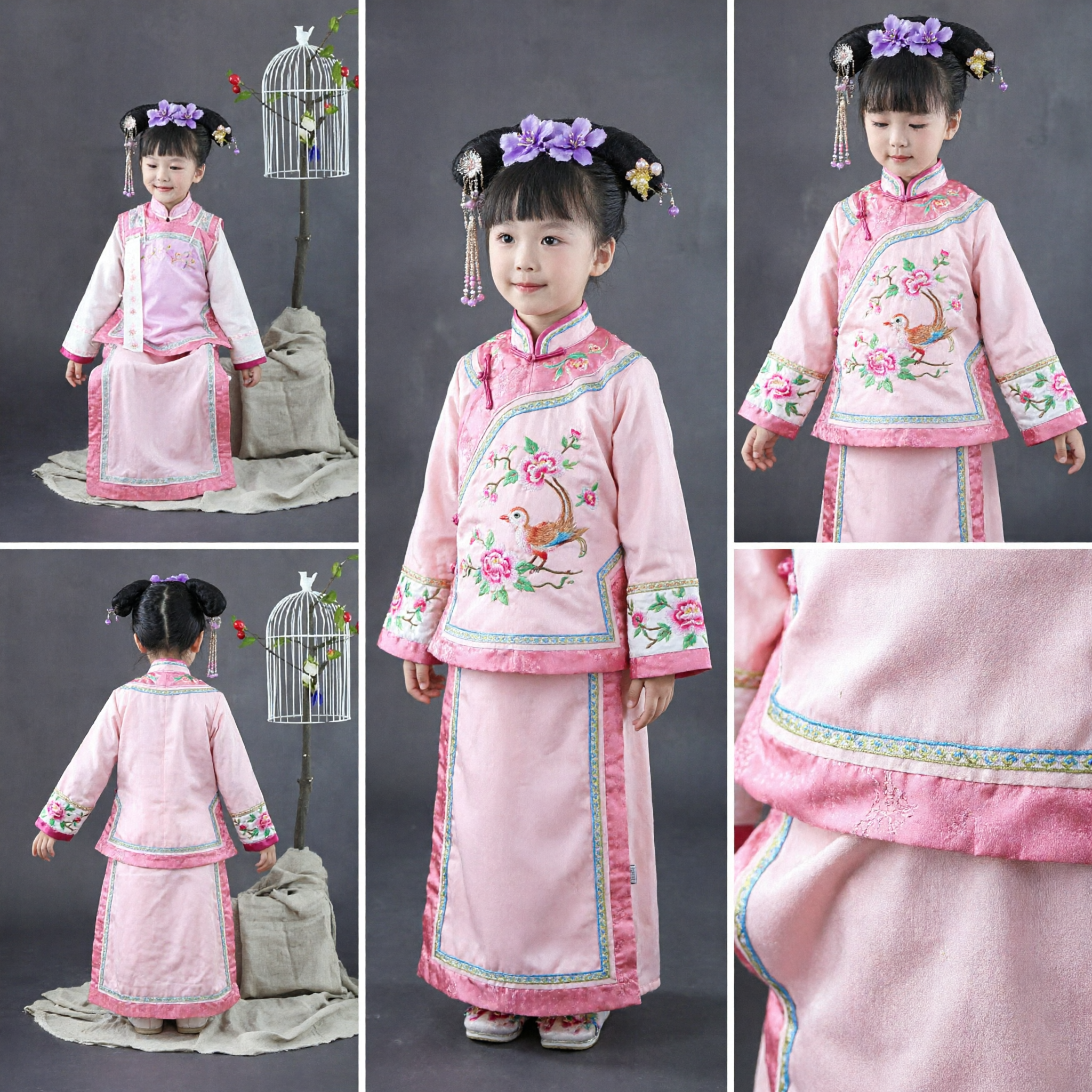 Traditional Chinese Qing Dynasty Princess Costume for Girls Pink Floral Manchu Dress Kids Hanfu for New Year