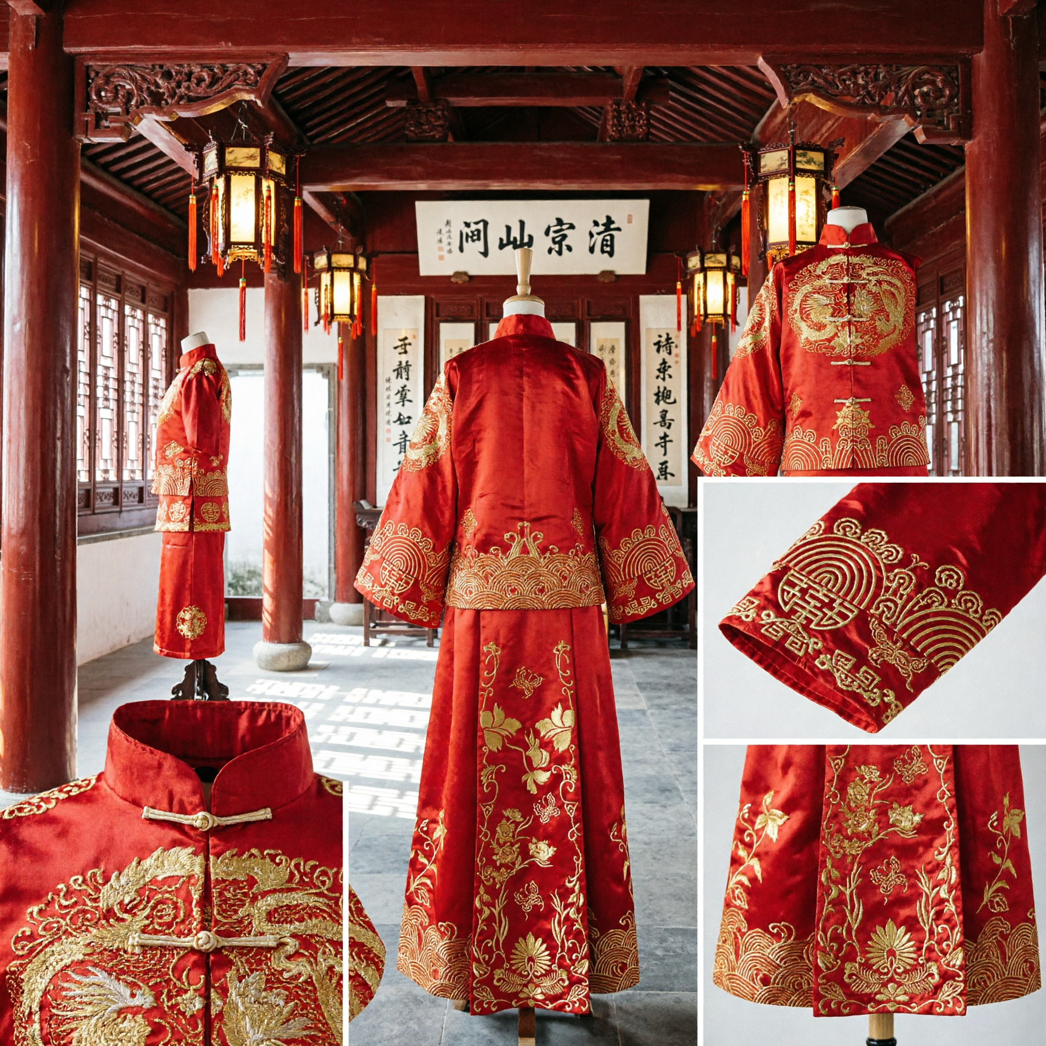 Men's Traditional Chinese Wedding Groom Costume Red Dragon Embroidery Tang Suit Festival Clothing Set