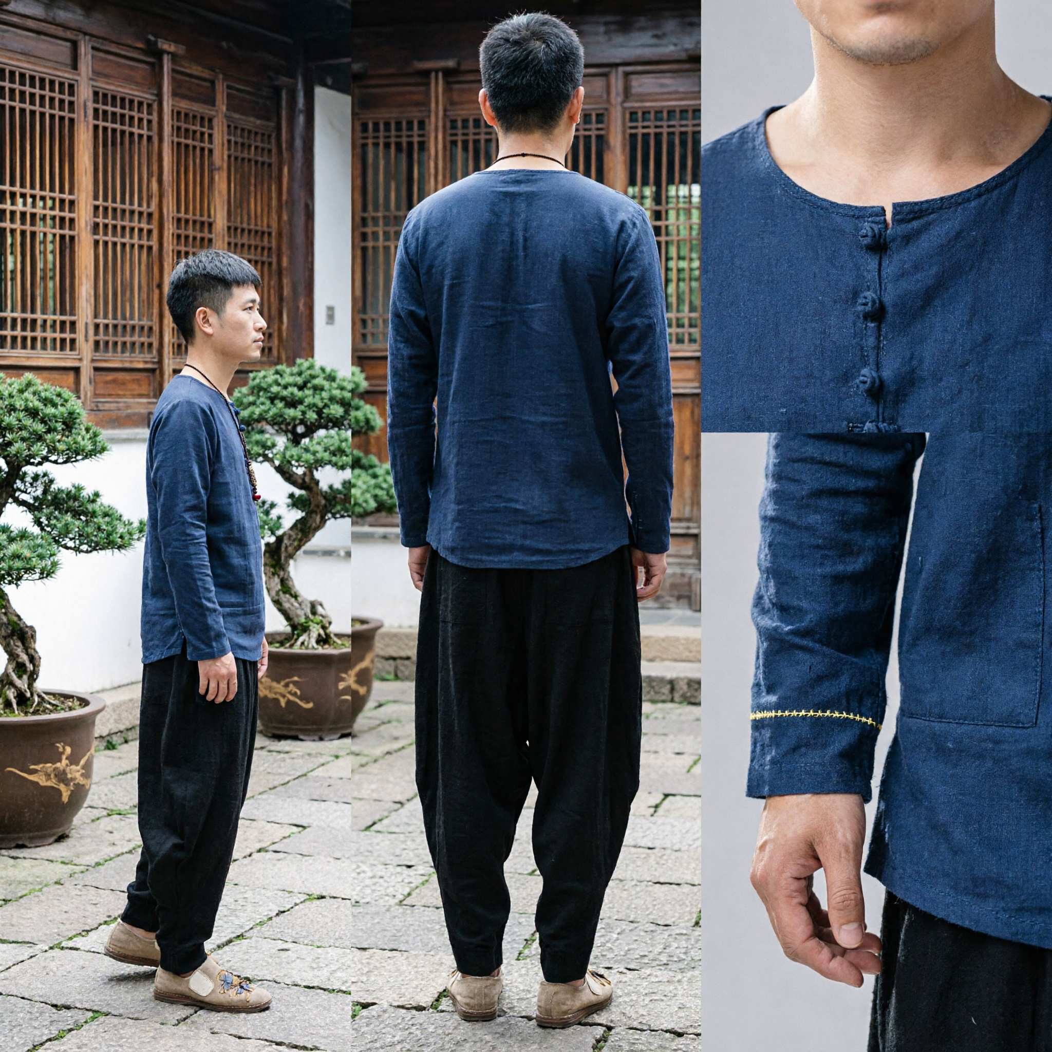 Men's Traditional Chinese Tai Chi Suit Blue Linen Henley Top and Loose Black Kung Fu Pants