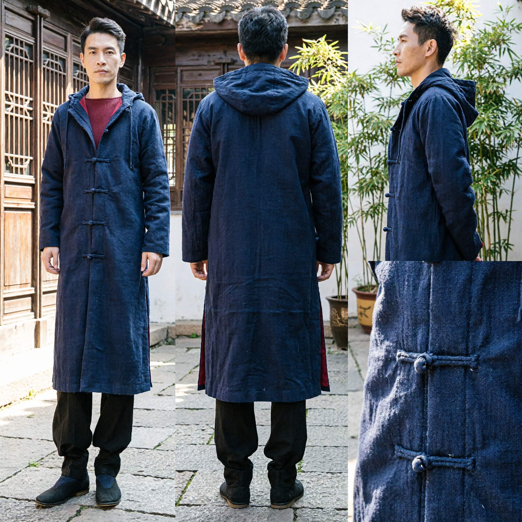 Men's Traditional Chinese Tang Suit Long Hooded Coat Winter Warm Kung Fu Zen Casual Outerwear Jacket