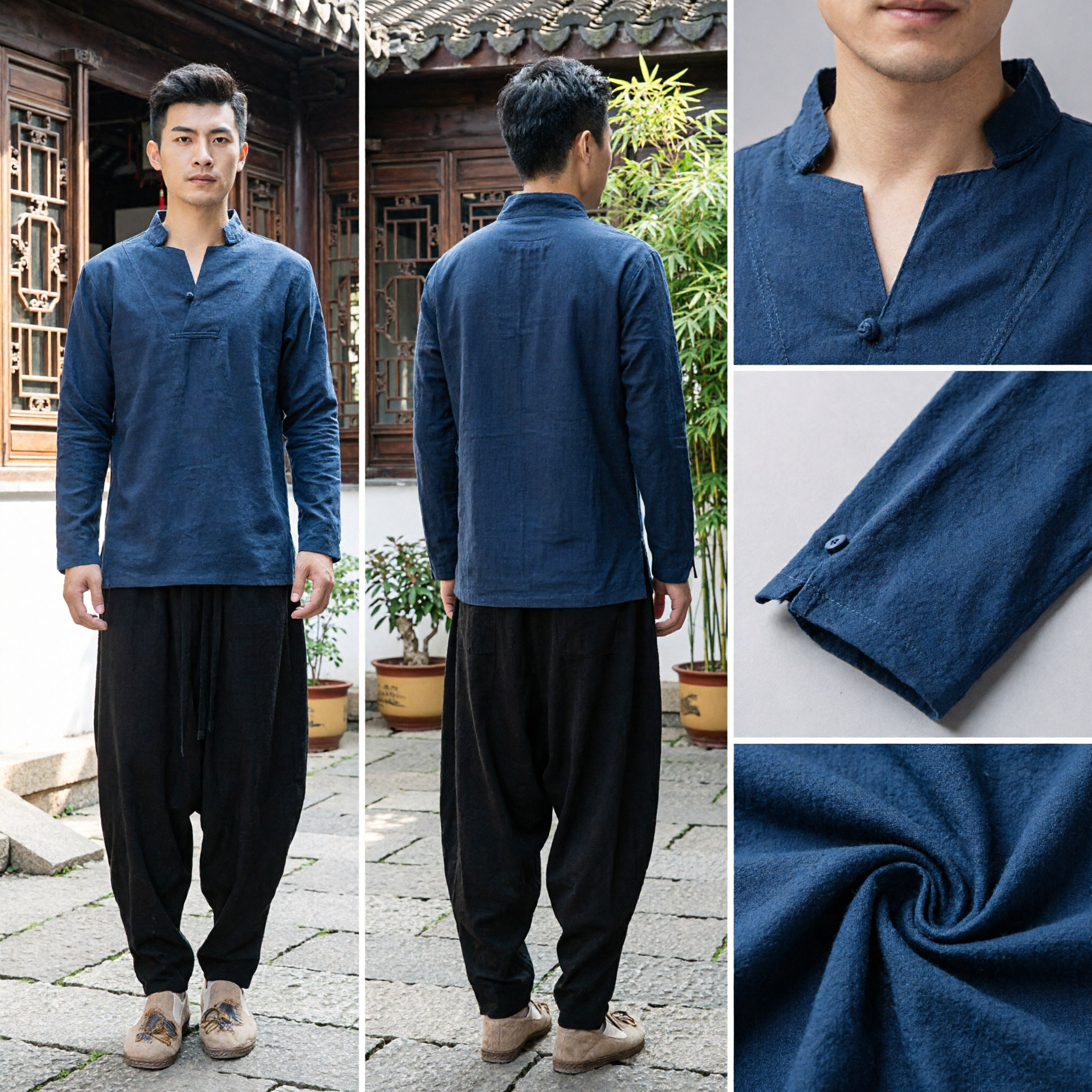 Men's Traditional Chinese Tang Suit Linen Shirt and Pants Set for Kung Fu Tai Chi Meditation