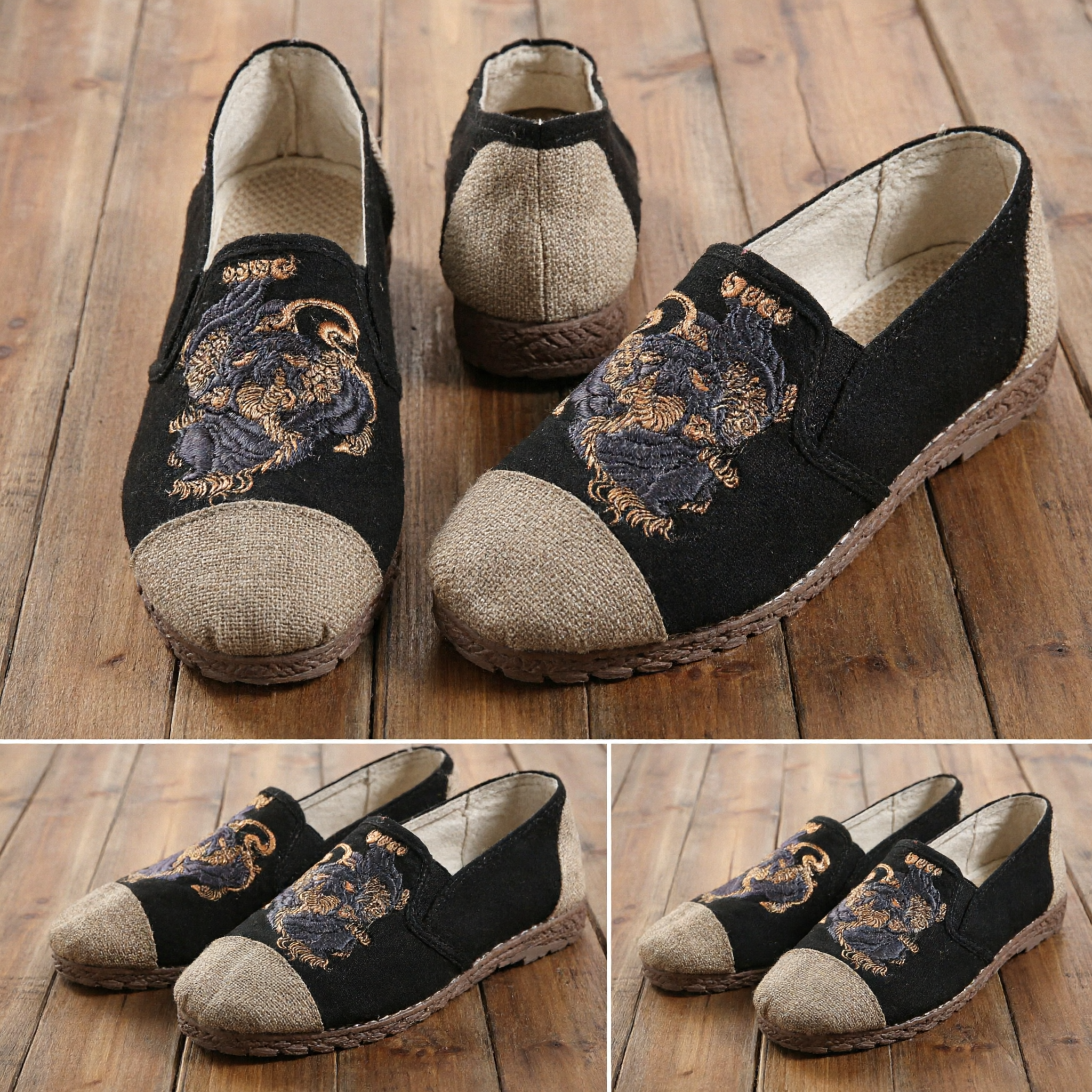 Men's Traditional Chinese Kung Fu Shoes Black Dragon Embroidery Cloth Loafers Tai Chi Casual Slippers