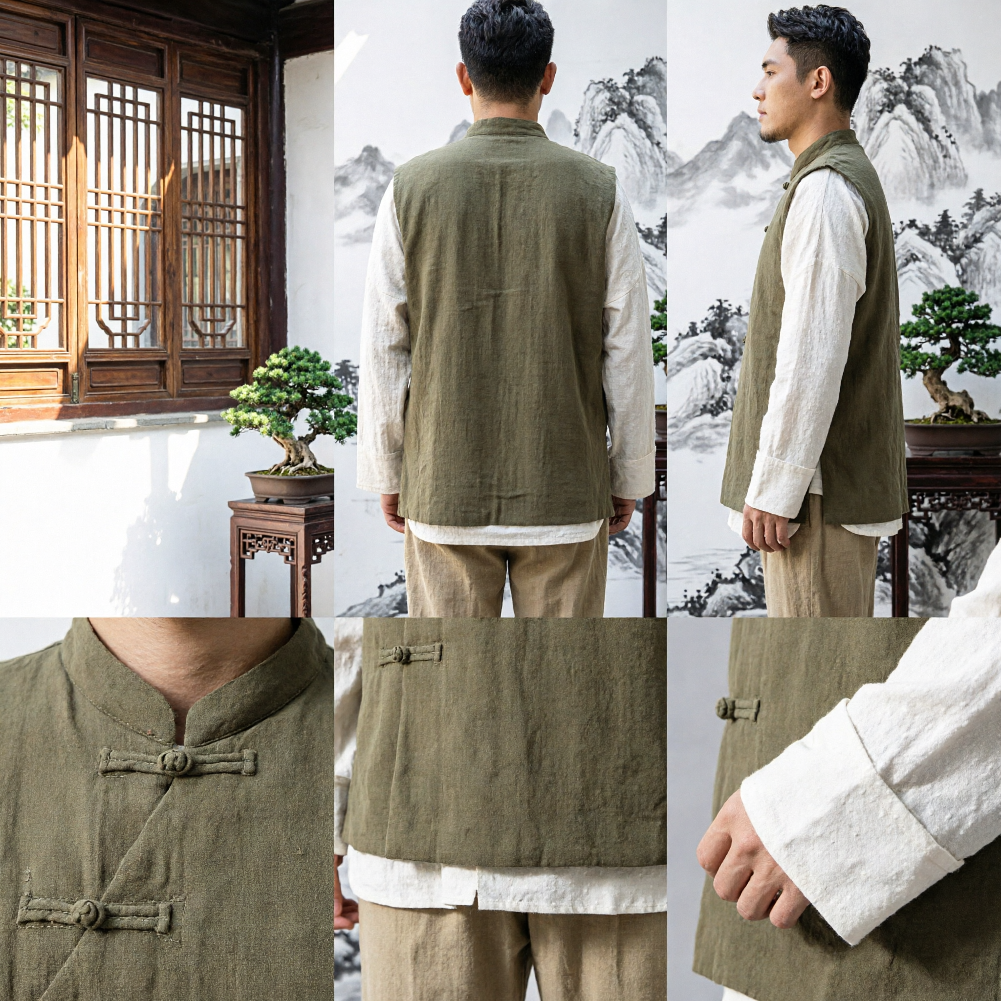 Men's Traditional Chinese Tang Suit Vest Olive Green Linen Waistcoat with Mandarin Collar for Tai Chi